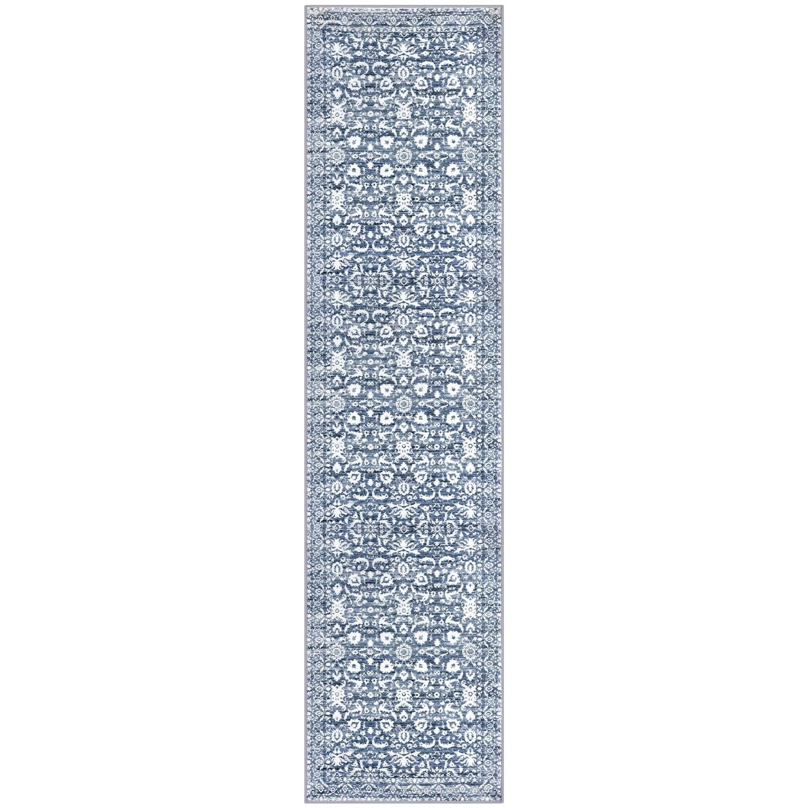 Lansny vintage floral 2x7 light blue and white washable runner rug with non-slip backing for bedroom decor.