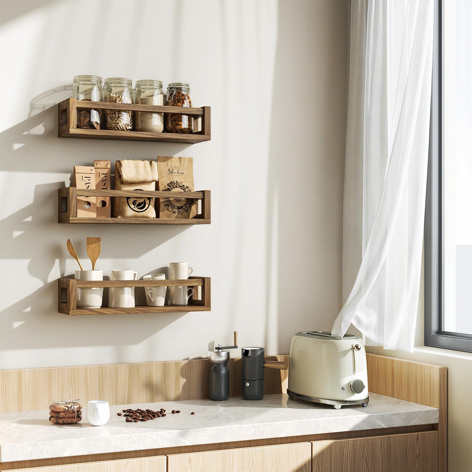 TidyCorner upgraded thick floating solid wood shelf mounted on wall, displaying books and decorative items in a modern interior.