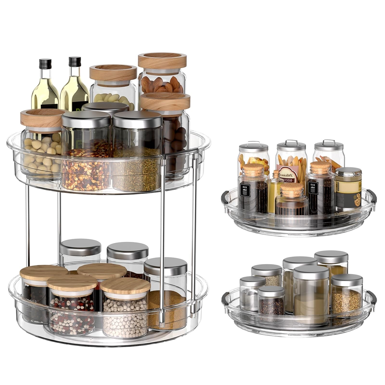 incostar 2-pack Lazy Susan organizers with 9.25 and 11.81-inch two-tier turntables, showcasing rotating storage solutions.