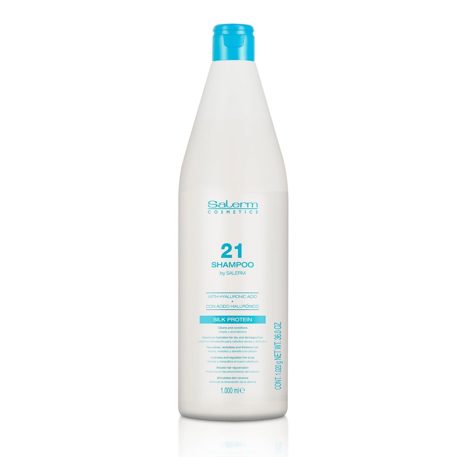 Salerm Hydrating Shampoo 21 with silk protein in a 1000 ml bottle, designed for dry and damaged hair, with clear packaging and label.
