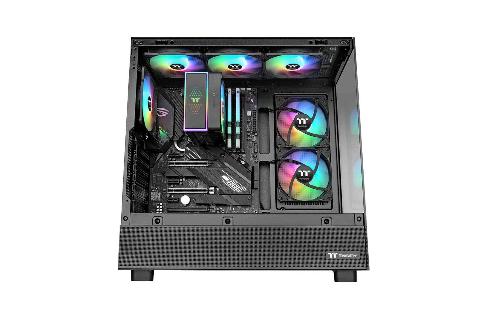 Thermaltake LE120 ARGB PWM case fans, three 120mm RGB fans with adjustable speeds from 500 to 1500 RPM, mounted in a computer case