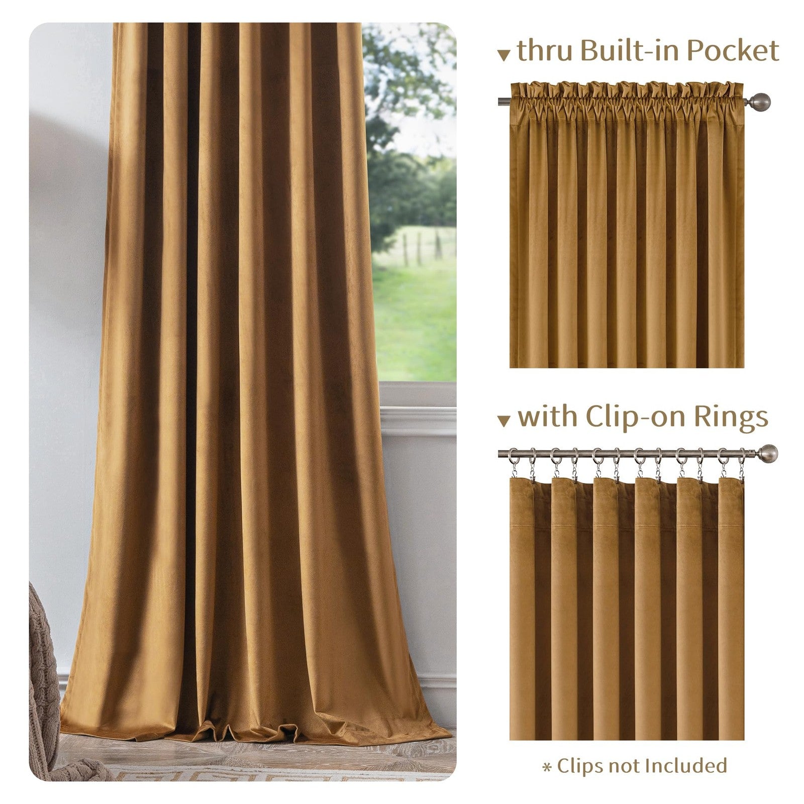 FMFUNCTEX velvet blackout curtains in gold brown with thermal insulation, designed for bedroom privacy and light blocking.