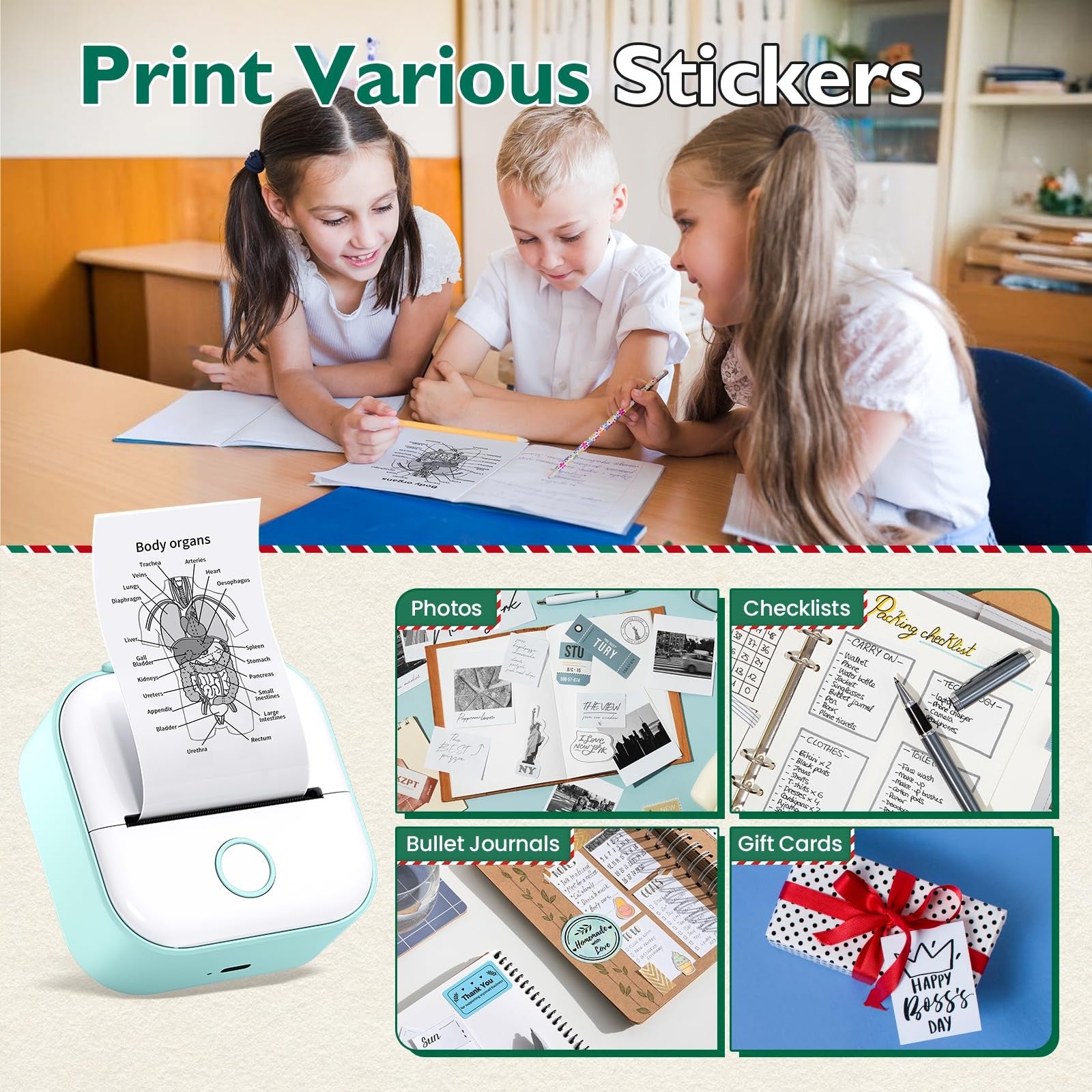 Phomemo Sticker Printer T02 mini printer with print pods, showing three rolls of colorful stickers ready for printing.