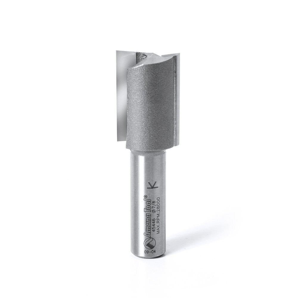 Amana Tool 45446 carbide-tipped straight plunge bit with 7/8-inch diameter, 1-1/4 inch cutting length, and 1/2 inch shank