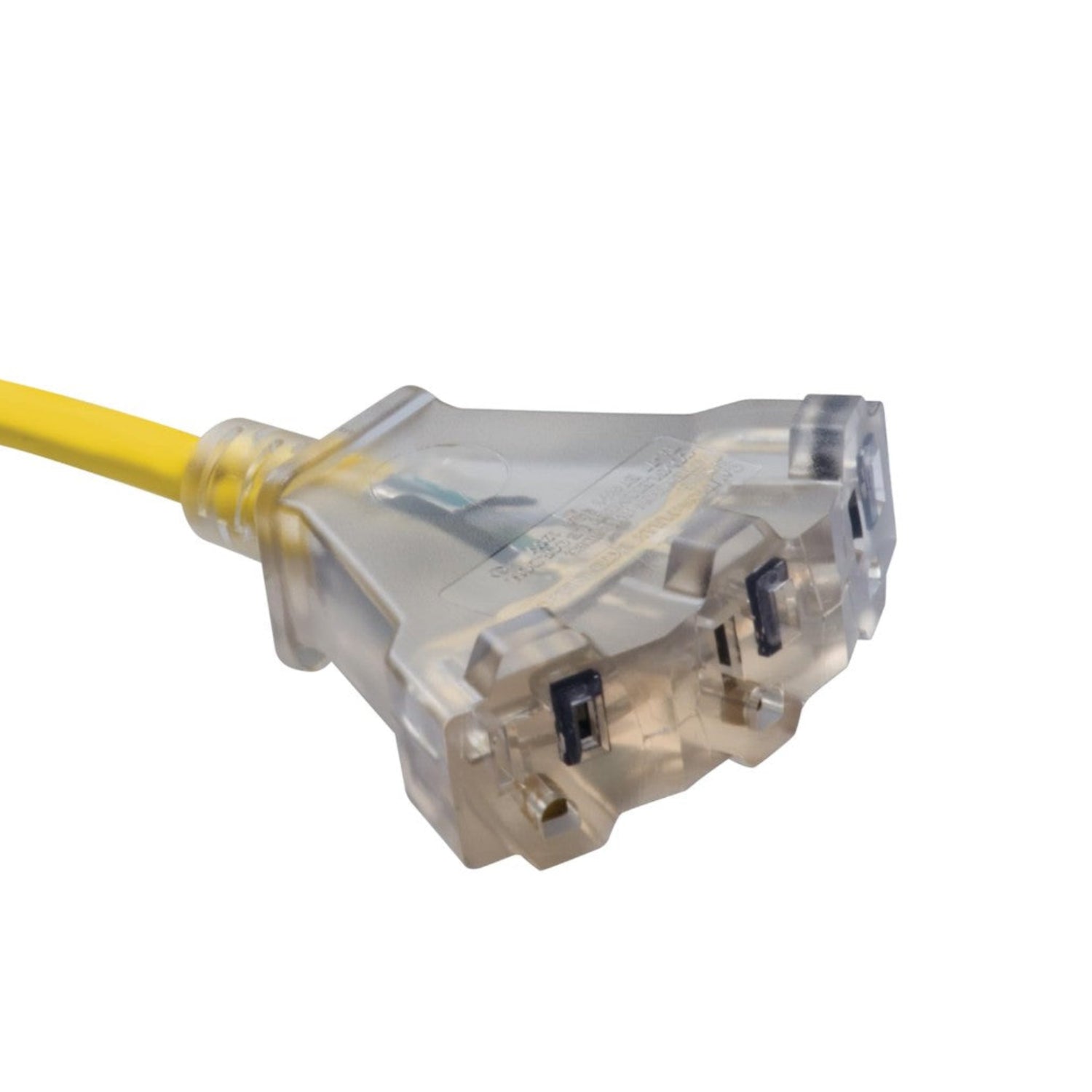 Southwire 12/3 multi-outlet vinyl extension cord, 50ft length with lighted end, in yellow, shown coiled on a surface