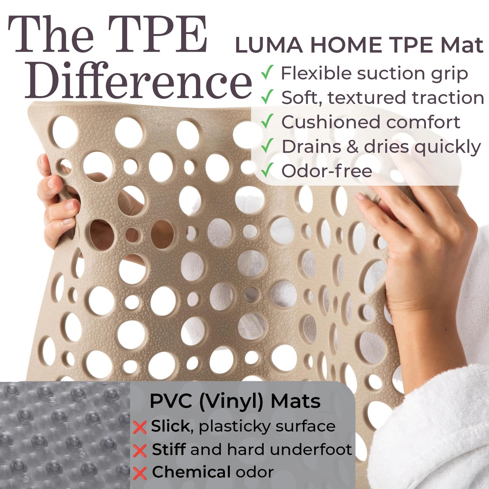 LUMA HOME beige non-slip shower and bathtub mat with TPE material and strong suction cups for safety and comfort.