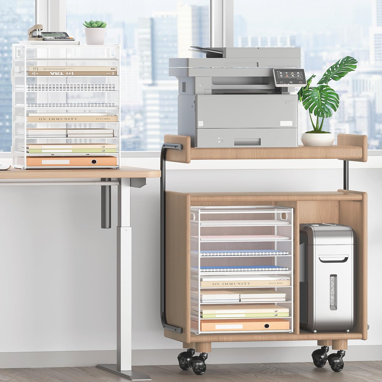 SUBEKYU 9-tier white metal mesh paper letter tray desk organizer with handles for office organization and document storage.