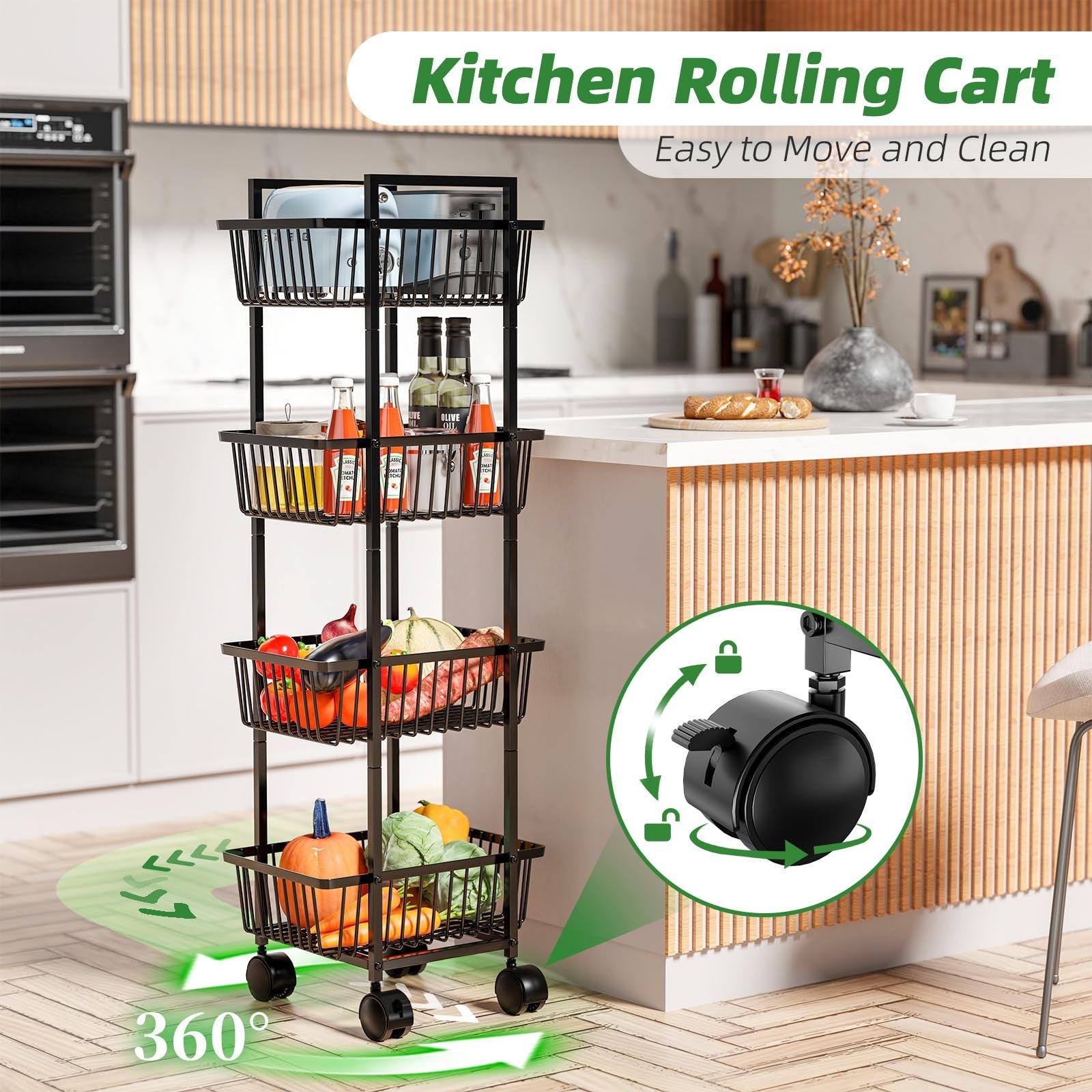 Simple Trending 4-tier rolling metal wire fruit and vegetable basket cart with four spacious tiers for kitchen storage.