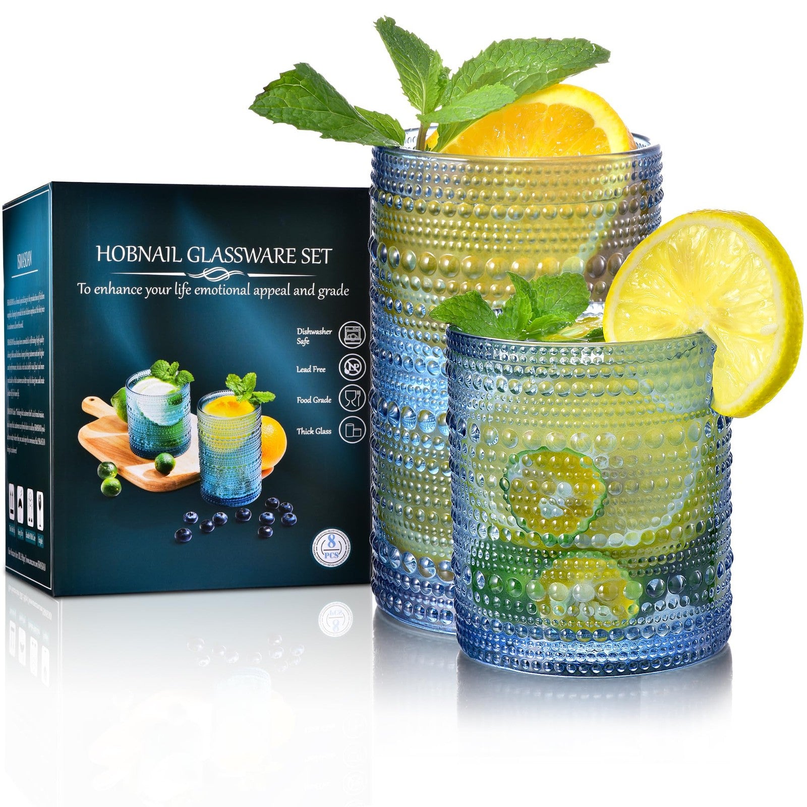 Set of 8 ISMASOAN hobnail blue vintage drinking glasses, 14 oz and 12 oz, featuring textured glassware for elegant table setting.
