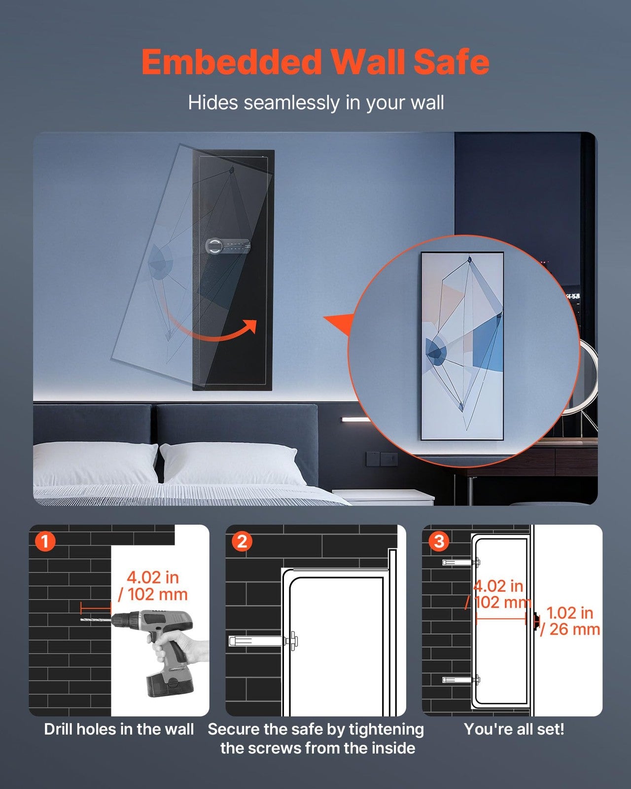 Vevor 43.3-inch high wall safe with 4-tier gun storage, hidden design, keypad lock, and secure access