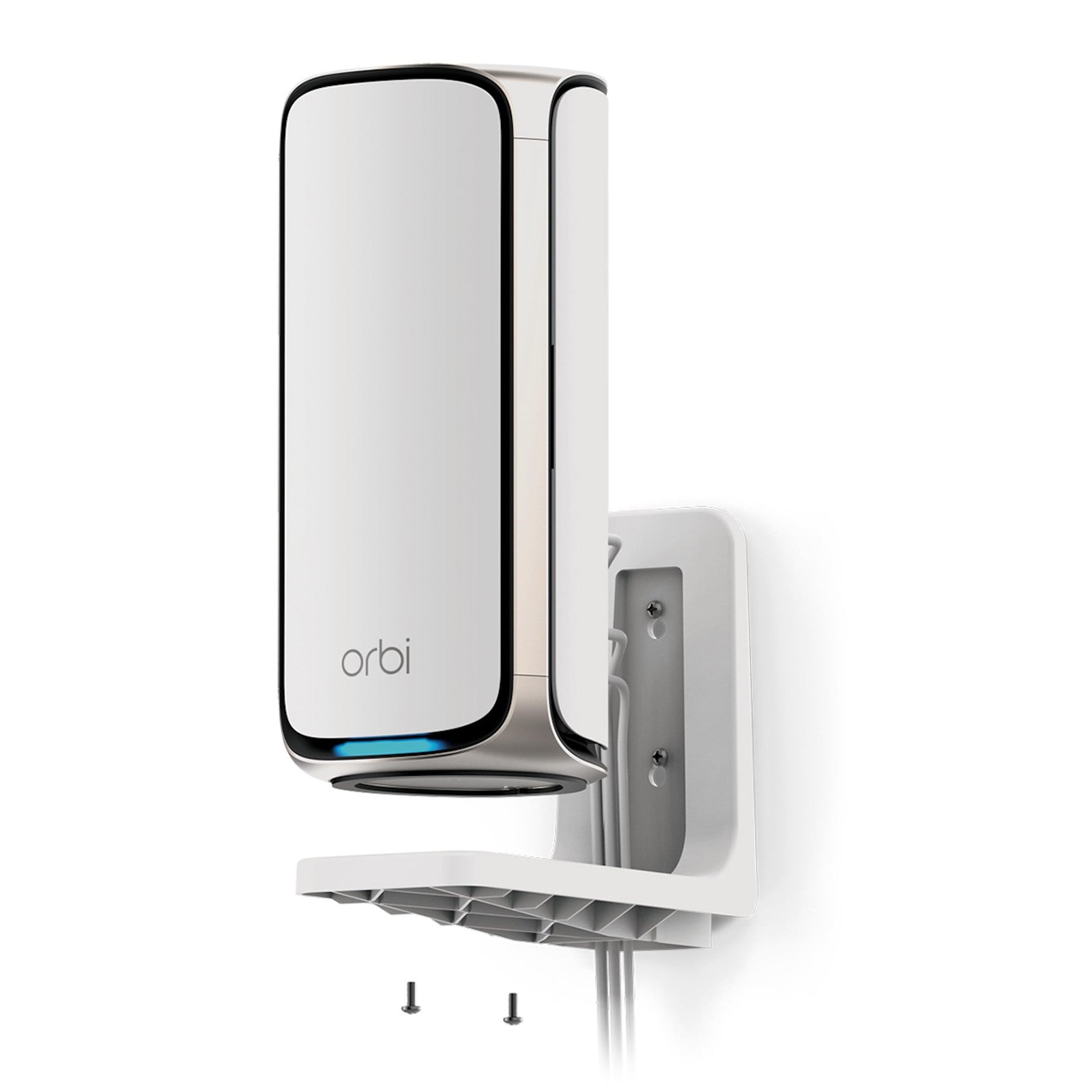 NETGEAR WiFi 7 Wall Mount Kit (RBEWM-10000S) for Orbi and Nighthawk WiFi routers, shown mounted on a wall.