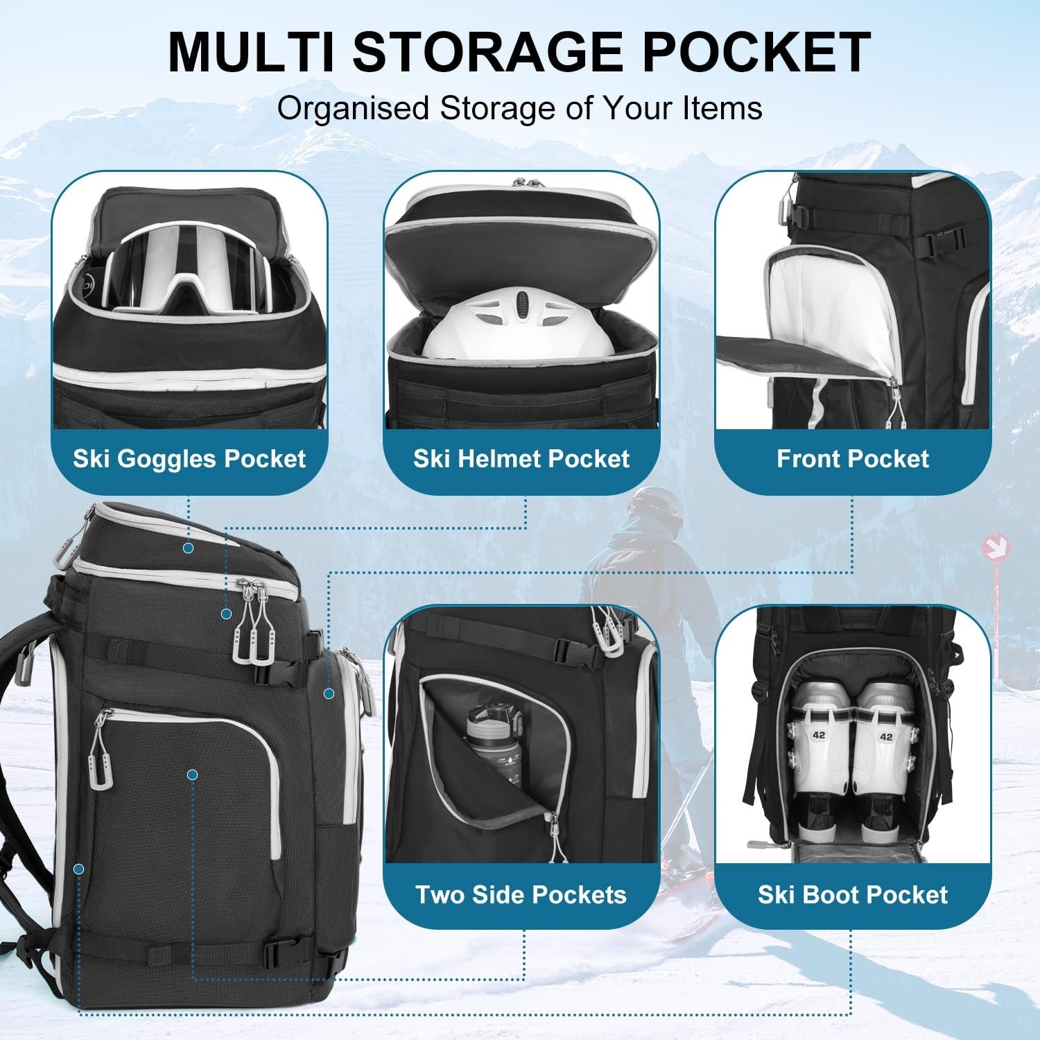 Lunidry 65L waterproof ski and snowboard boot bag with handles and zippers, designed for travel and outdoor winter sports gear.