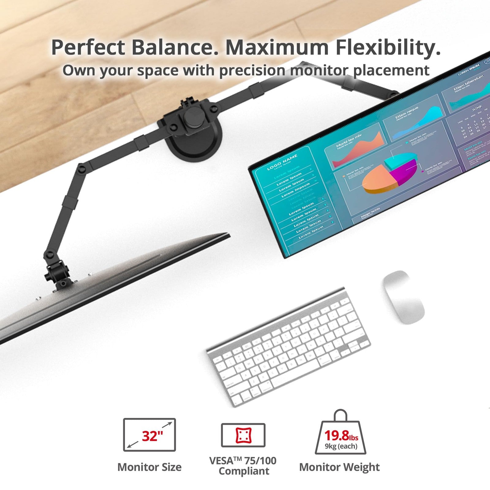 SIIG dual 32-inch articulating monitor arm in black holding two VESA screens, adjustable for ergonomic workspace setup.