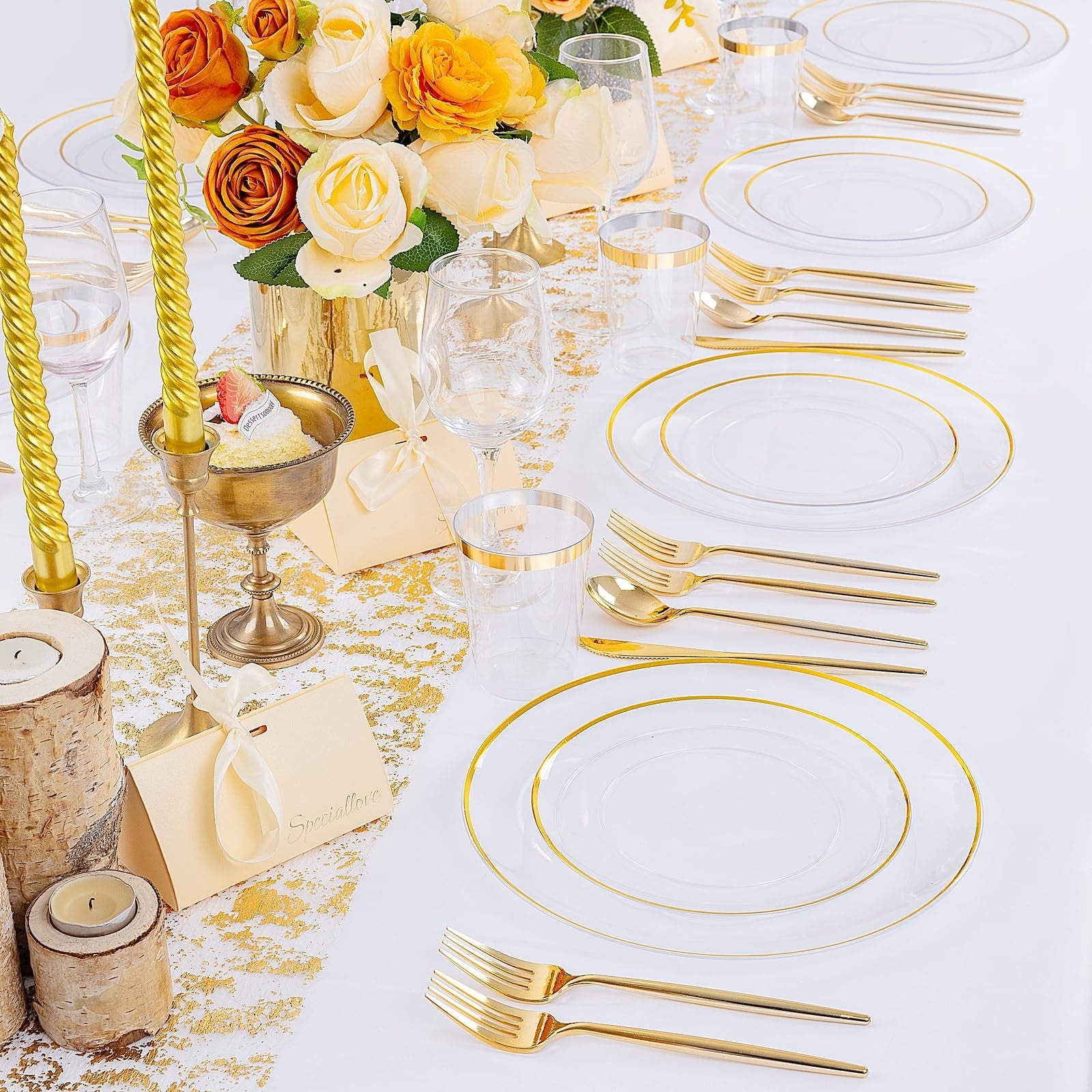 Ejonirinjonir EI 180pcs gold plastic plates with clear body and gold trim, perfect for parties and events