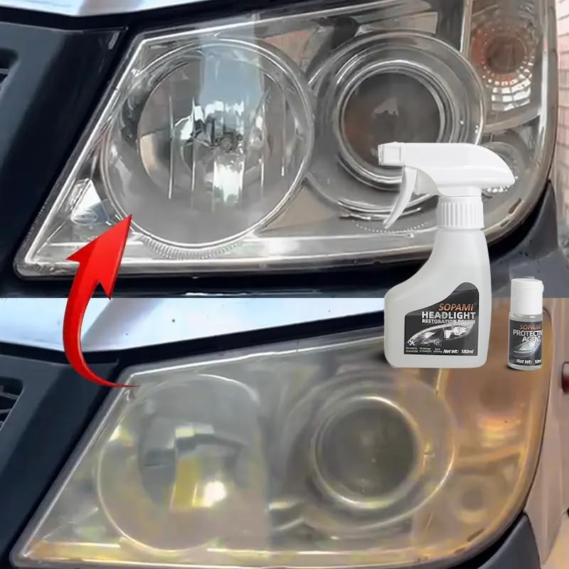 SOPAMI headlight restoration kit with clear headlamps showing improved brightness and clarity after cleaning process.