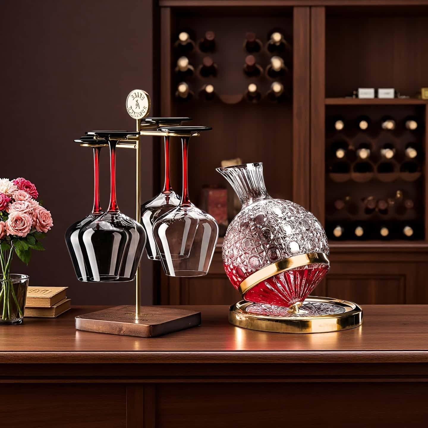 Jarler wine decanter set with spinning crystal red wine decanter, carafes, and football-shaped jarler for elegant wine serving.