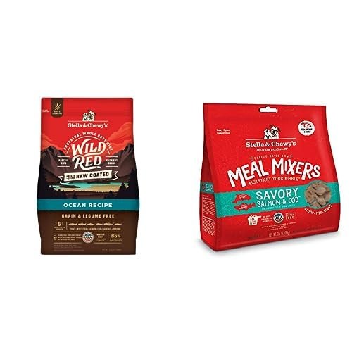 Stella & Chewy's dry dog food bag showing Wild Red Red Ocean and Salmon & Cod recipes with images of fish and dog food kibble.