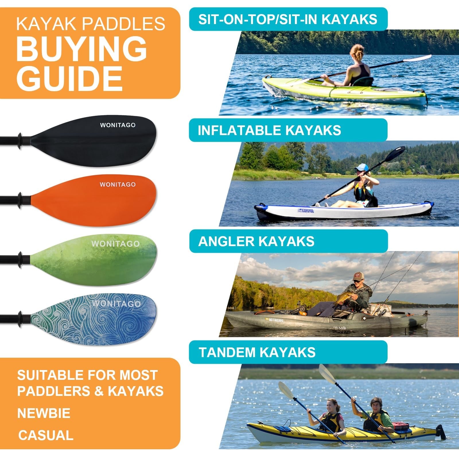 Wonitago kayak paddles with alloy shafts and polypropylene blades, designed for floating kayaking and outdoor water sports.
