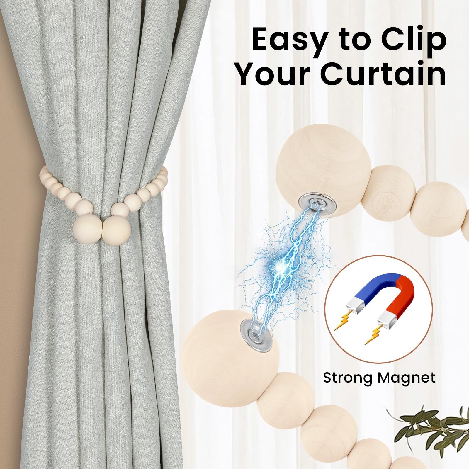 KLOGTSIND magnetic wood bead curtain tiebacks with boho style, natural wood beads for holdbacks without drilling, decorative and functional.