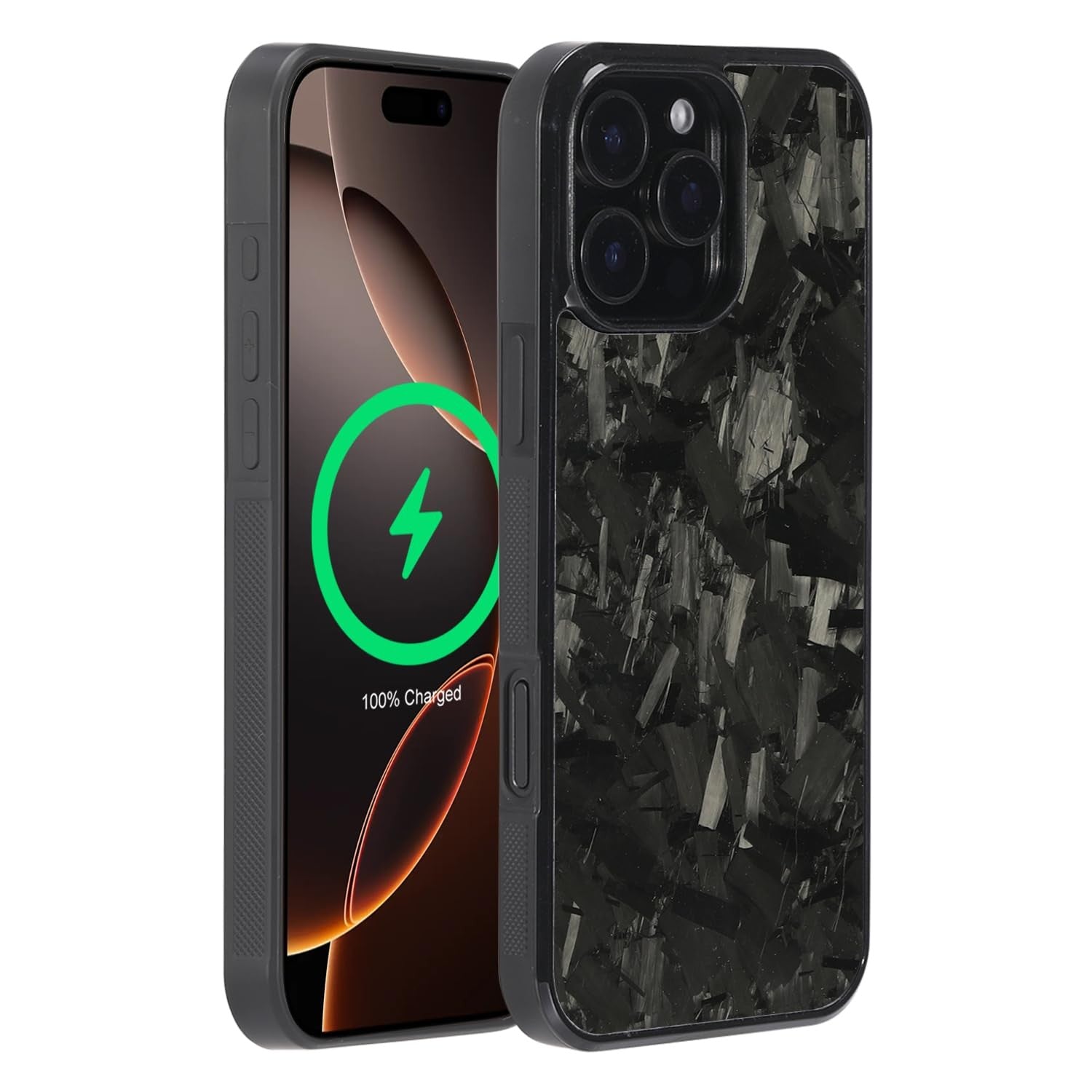 molzar Grip Series iPhone 16 Pro Max case with real forged carbon fiber texture shown in the image.