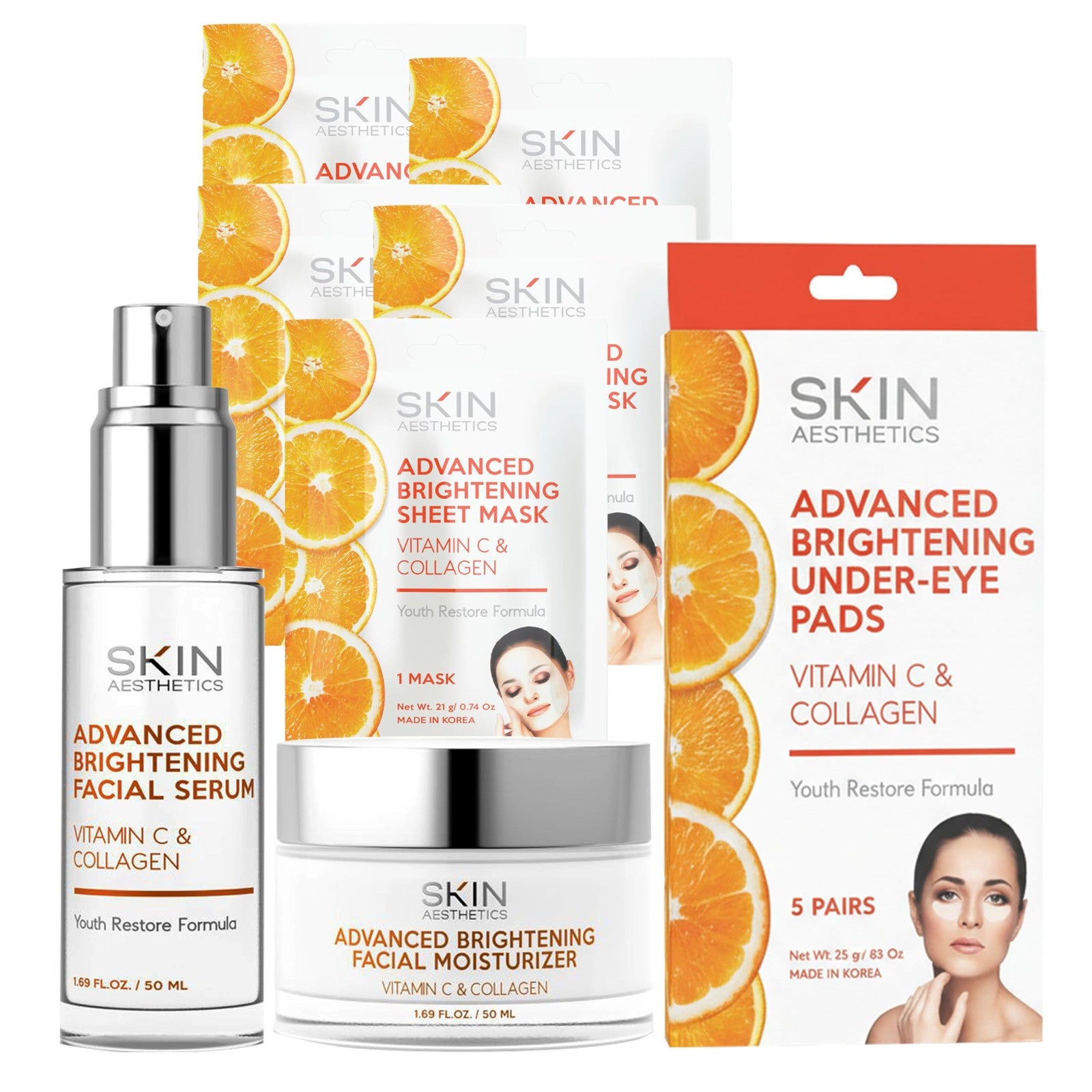 Skin Aesthetics Vitamin C and Collagen skincare set featuring bottles of anti-aging serum and moisturizer on a white background.