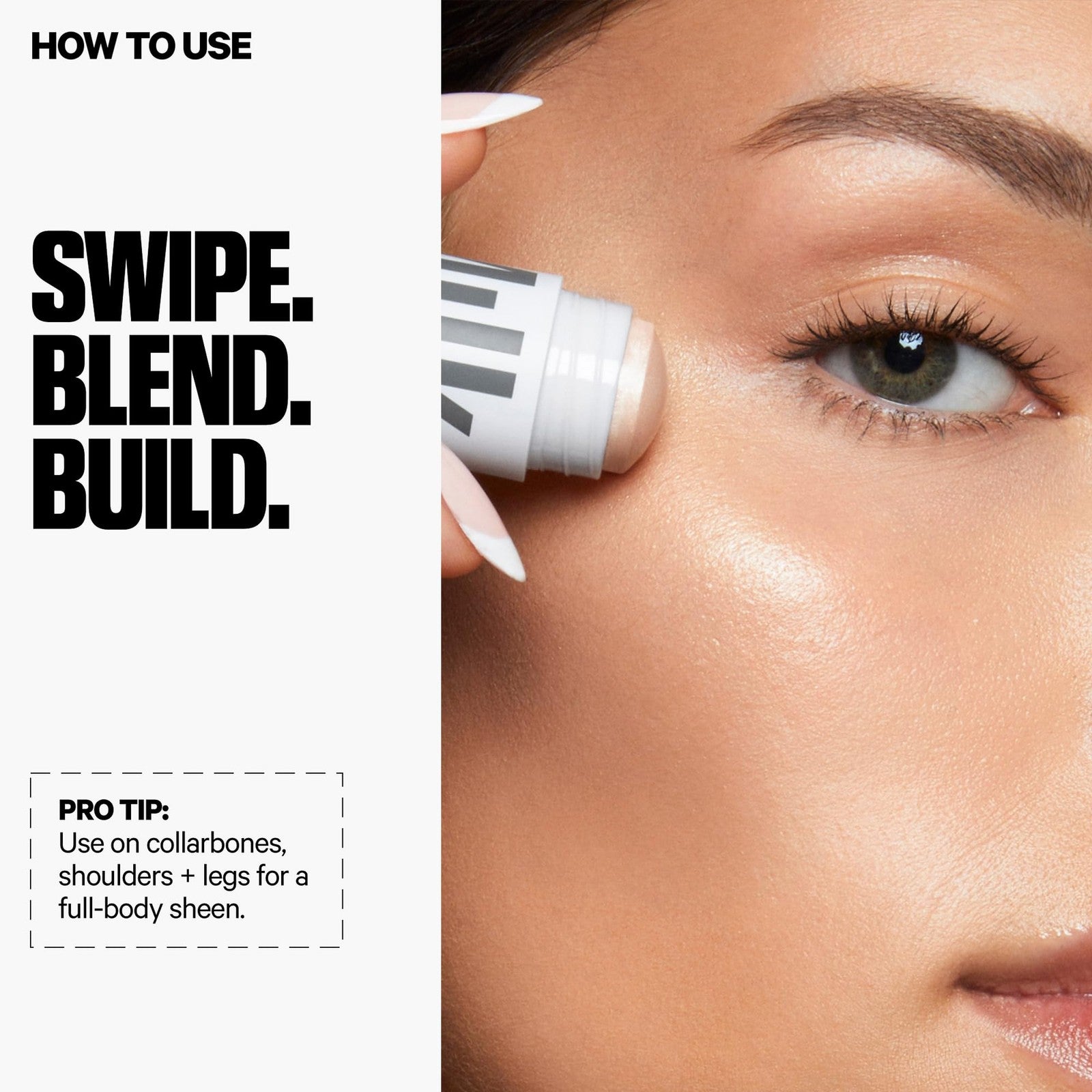 Milk Makeup highlighter stick with radiant, shimmery cream formula for face and body glow, shown in a sleek tube.