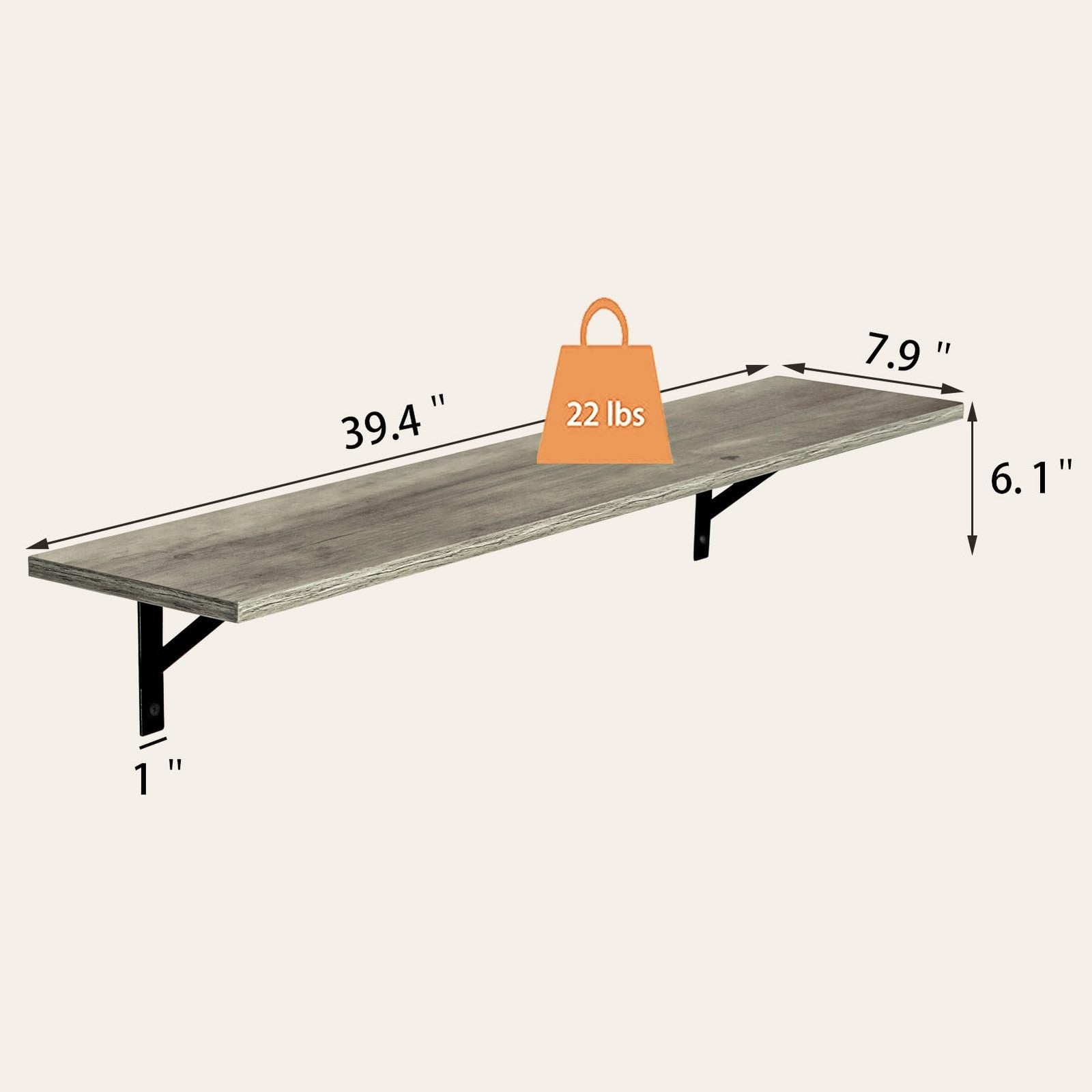 Two long wall-mounted shelves from the Dinzi Lvj set, each measuring 39.4 inches, displayed mounted on a wall with decorative items.