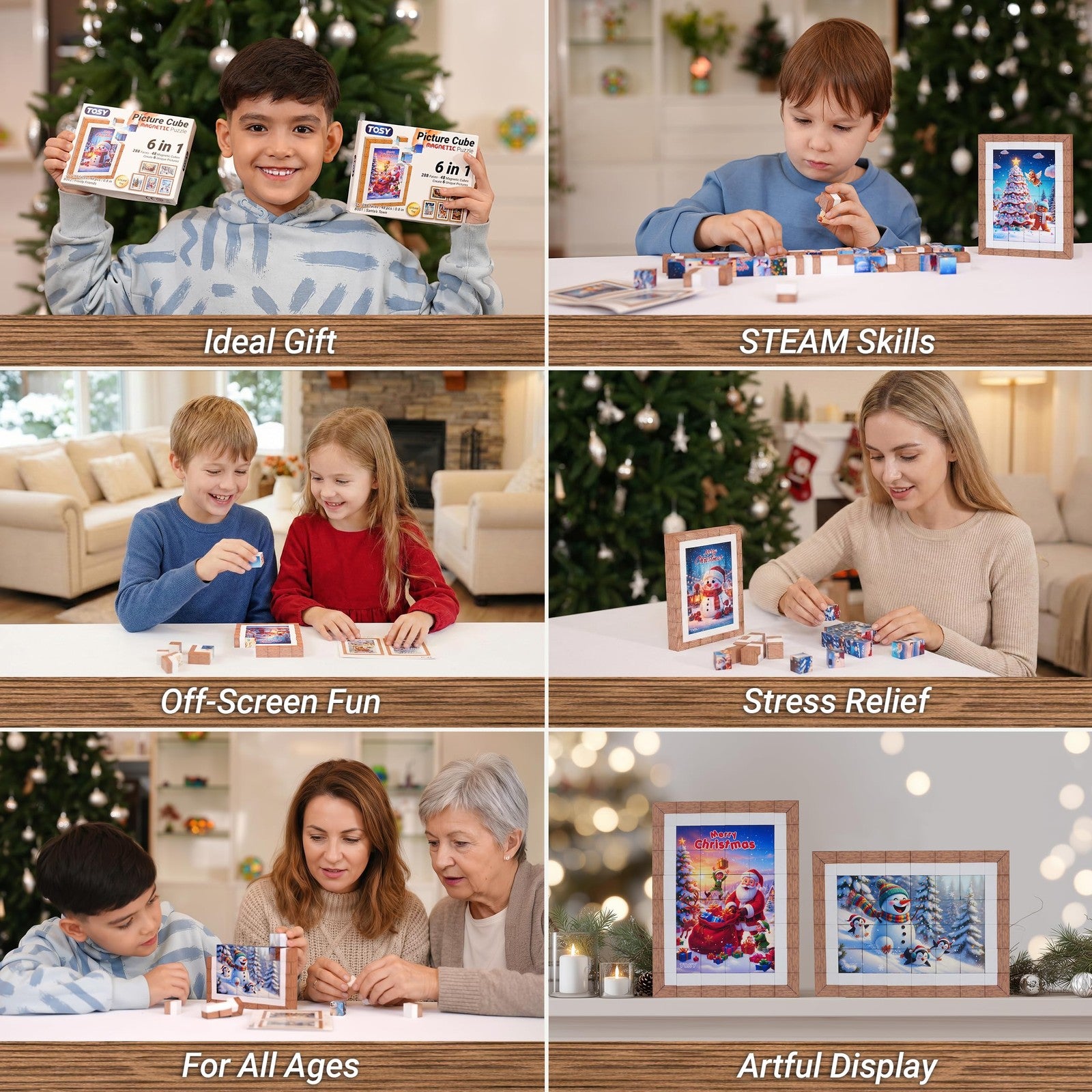 TOSY Tosy Picture Cube Santas Town 6-in-1 magnetic picture puzzle with 48 blocks, colorful festive holiday scene.
