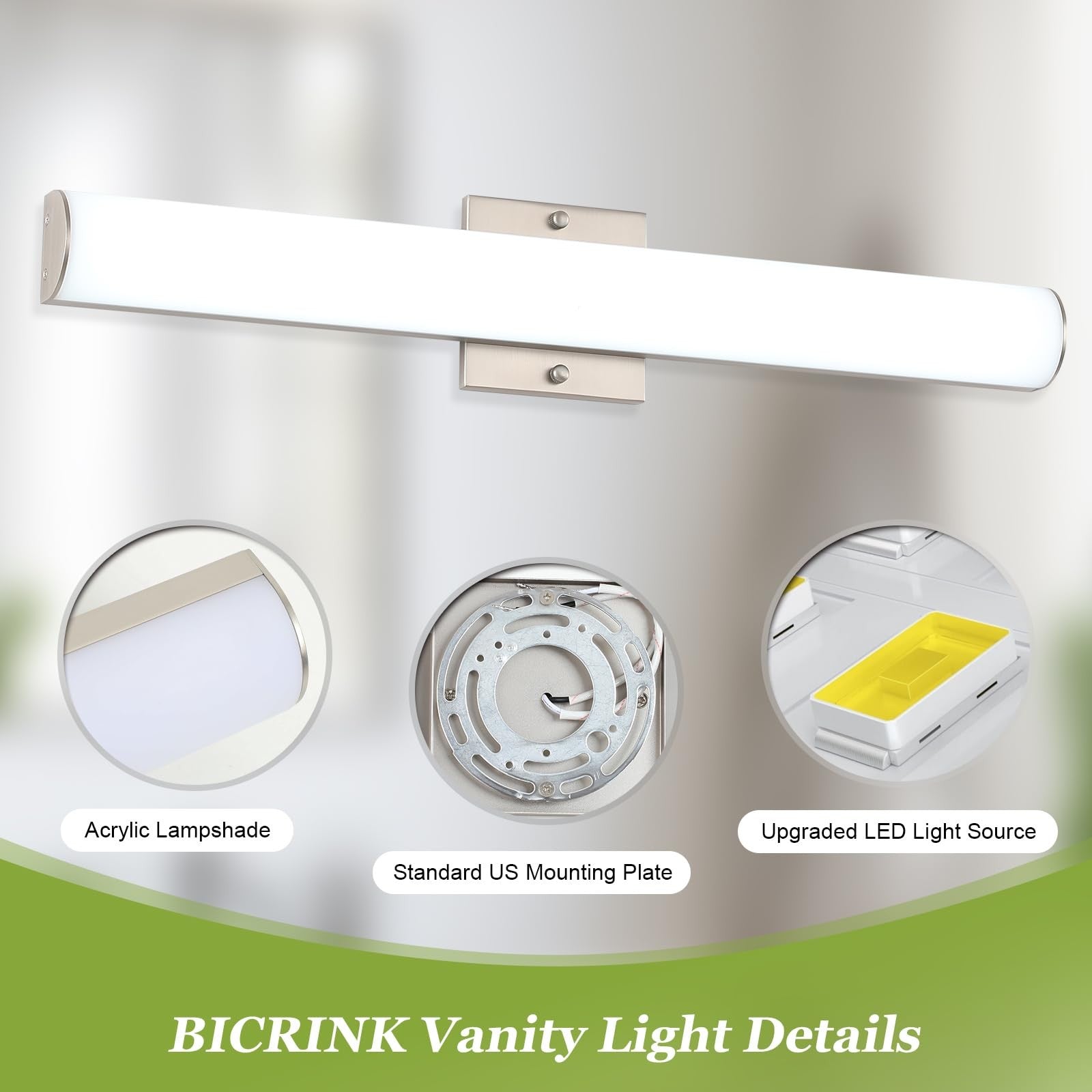 Bicrink brushed nickel 24-inch bathroom vanity light fixture with LED bulbs, modern design for bathroom lighting.