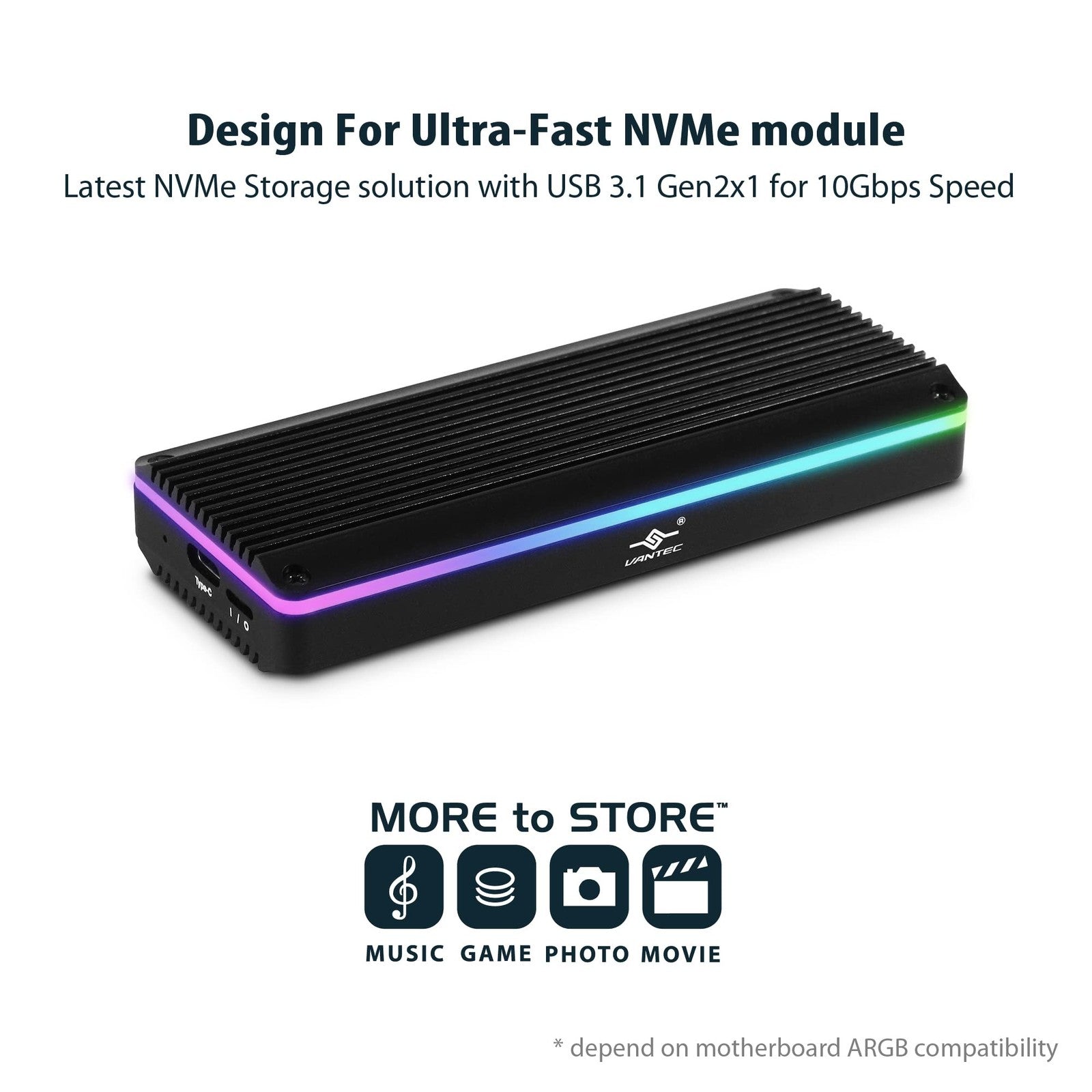Vantec M.2 NVMe SSD to USB 3.1 Gen 2 Type C RGB enclosure in black, showing the portable SSD case with RGB lighting accents
