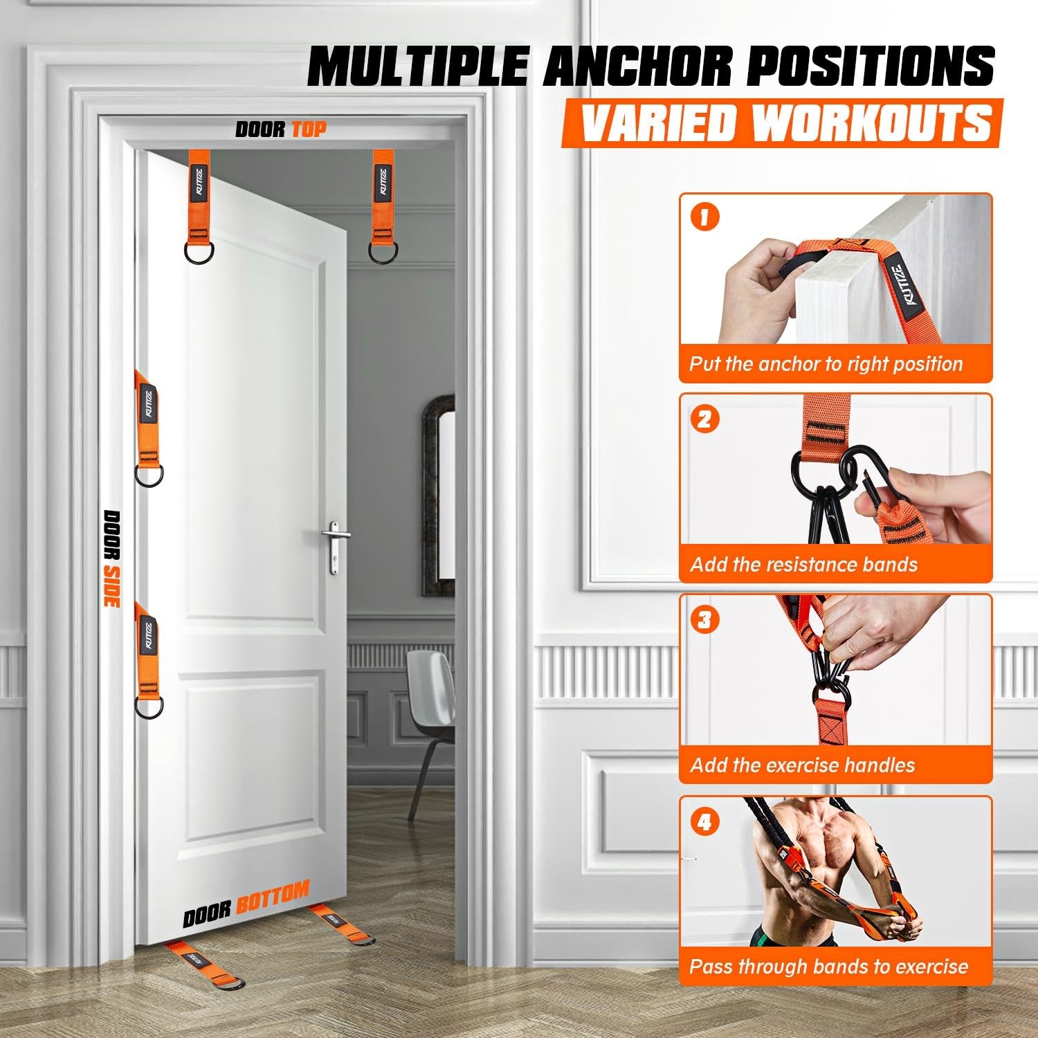 KUTIZE resistance exercise bands with handles and door anchor, heavy-duty workout bands for strength training and fitness exercises.