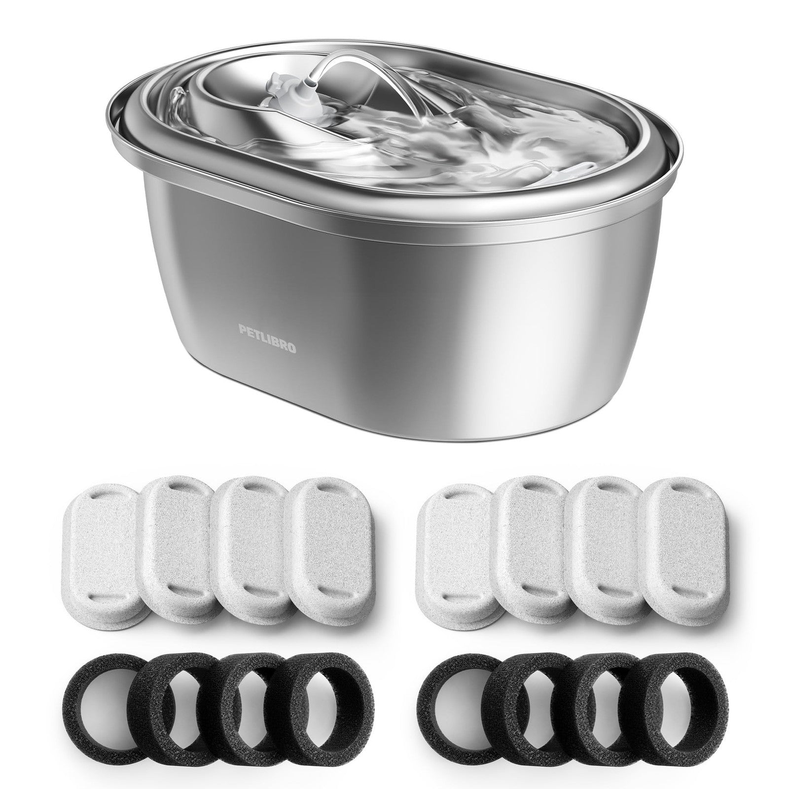 Petlibro stainless steel cat water fountain with 101oz capacity, 4 filters, and sponges, designed for fresh, filtered cat hydration.