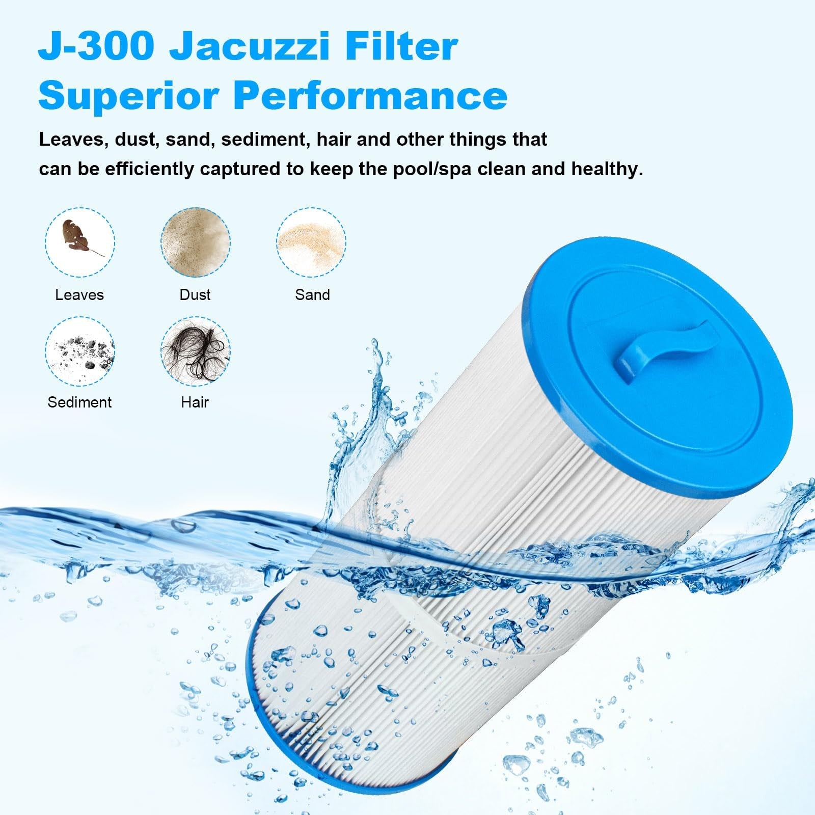 JIOTAR 14081 spa filter replacement for Jacuzzi models, showing a clean, cylindrical Jacuzzi filter with pleated filtration media.
