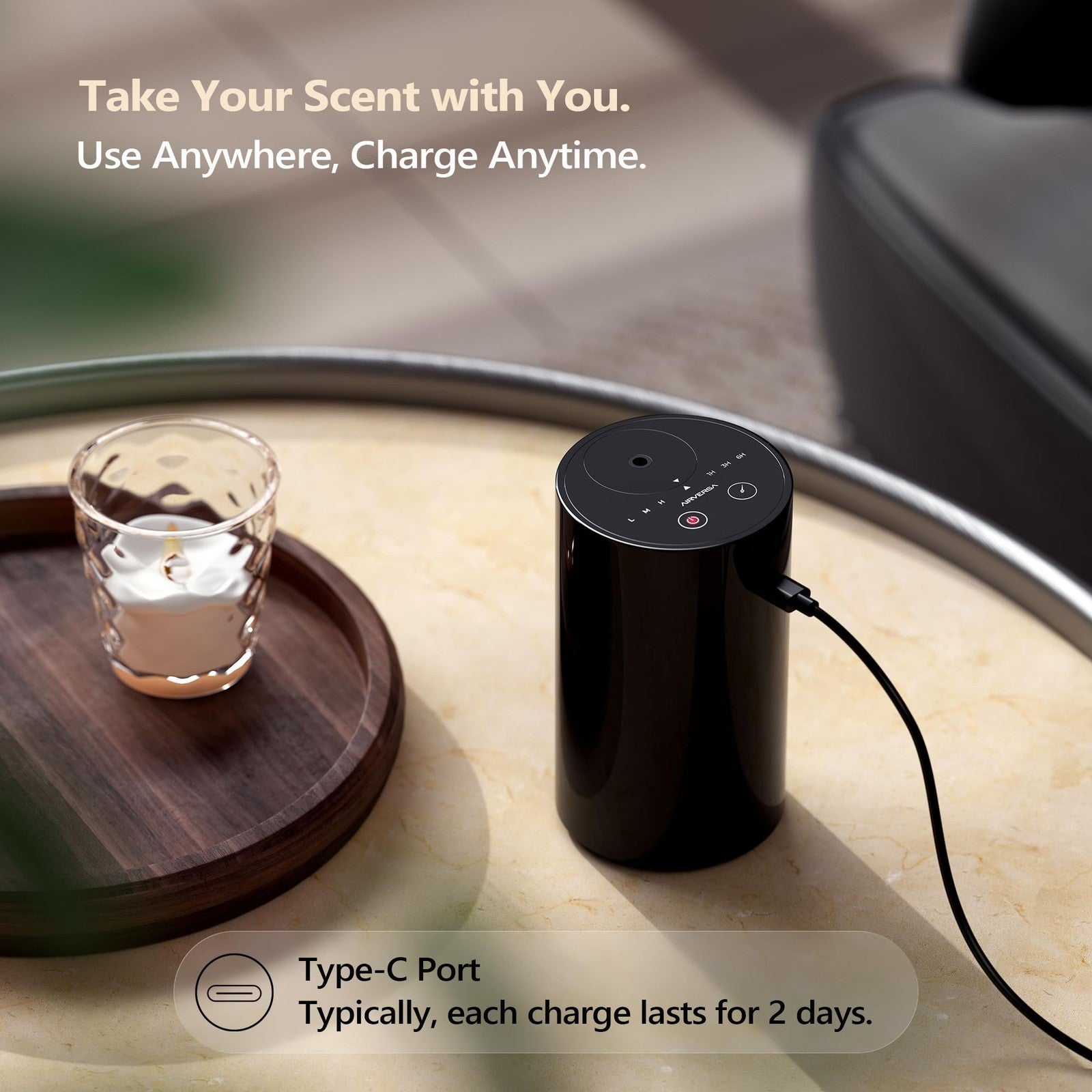 Airversa Waterless Essential Oil Diffuser Starter Kit with two 20mL hotel scent fragrance bottles on a white background.