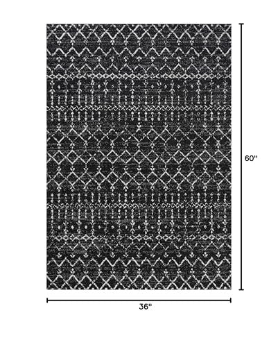 Jonathan Y boho vintage diamond indoor area rug in black and ivory with Moroccan pattern, measuring 3x5 feet.