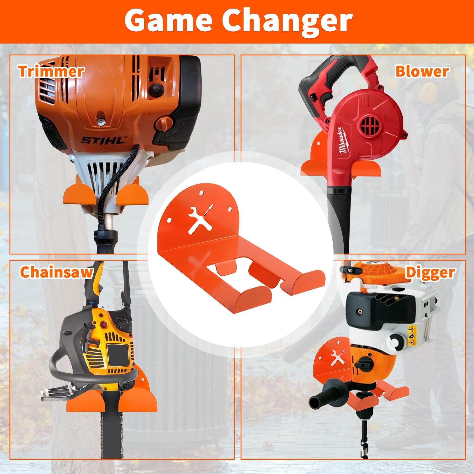 Heavy duty wall-mounted trimmer rack by iulrtba for garage storage, holds weed eaters securely with an 8-inch design.