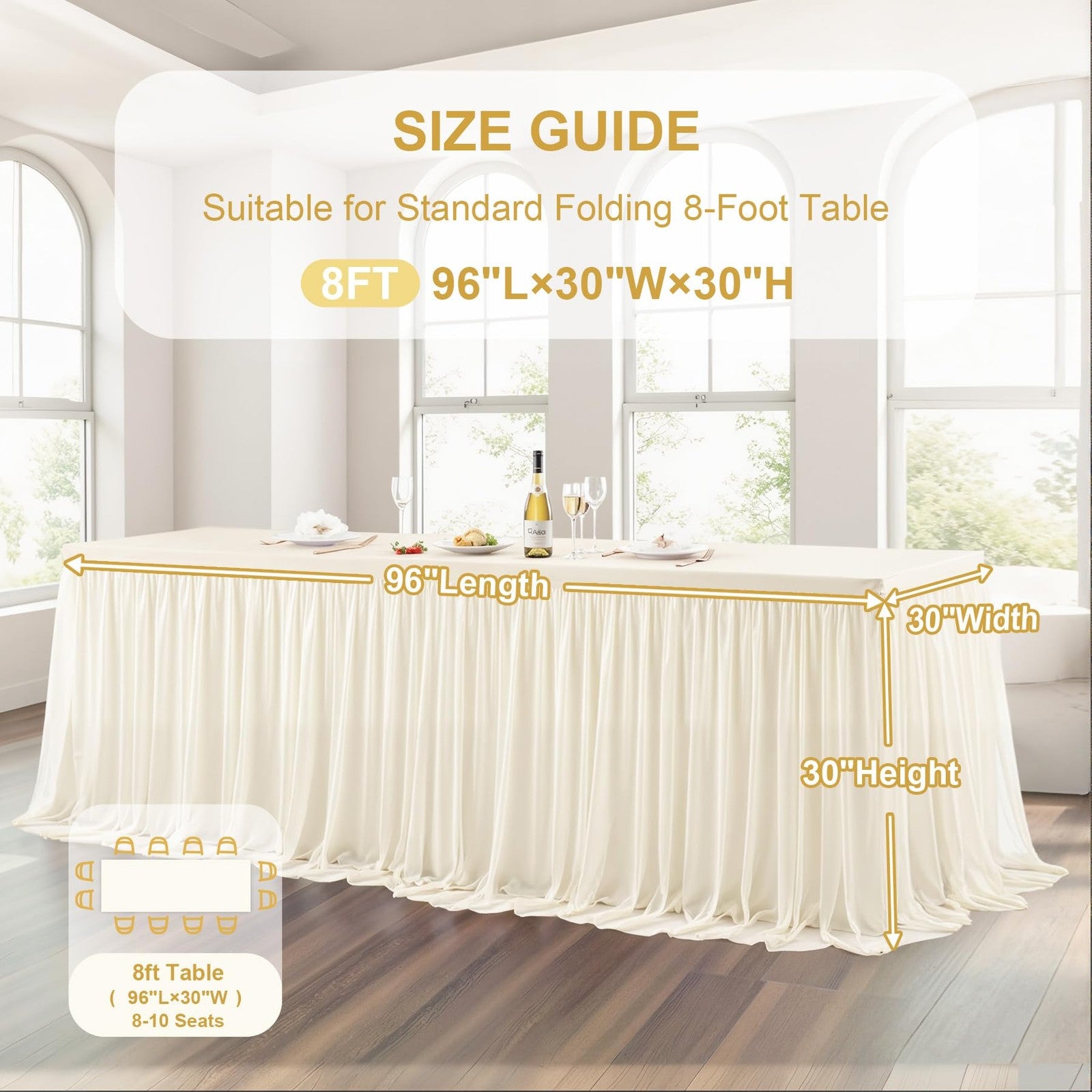 Ivory tulle tablecloth by Wish Care for 8-foot rectangle tables, stretch-fit, elegant, lightweight fabric, perfect for special occasions