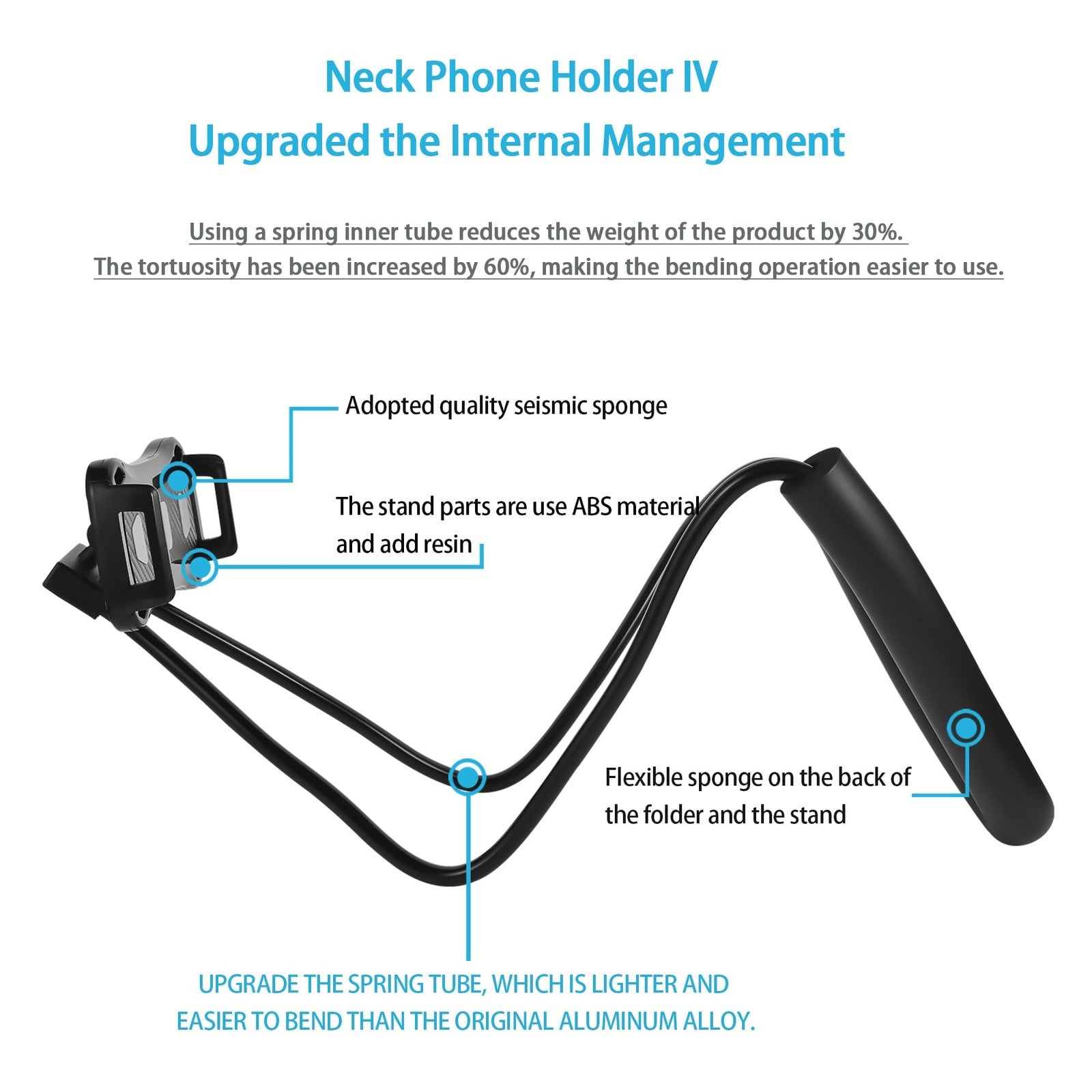 YUNLEJP Lazy Neck Phone Holder Stand, flexible hands-free bed mount for smartphones, shown wrapped around a person's neck and holding a phone