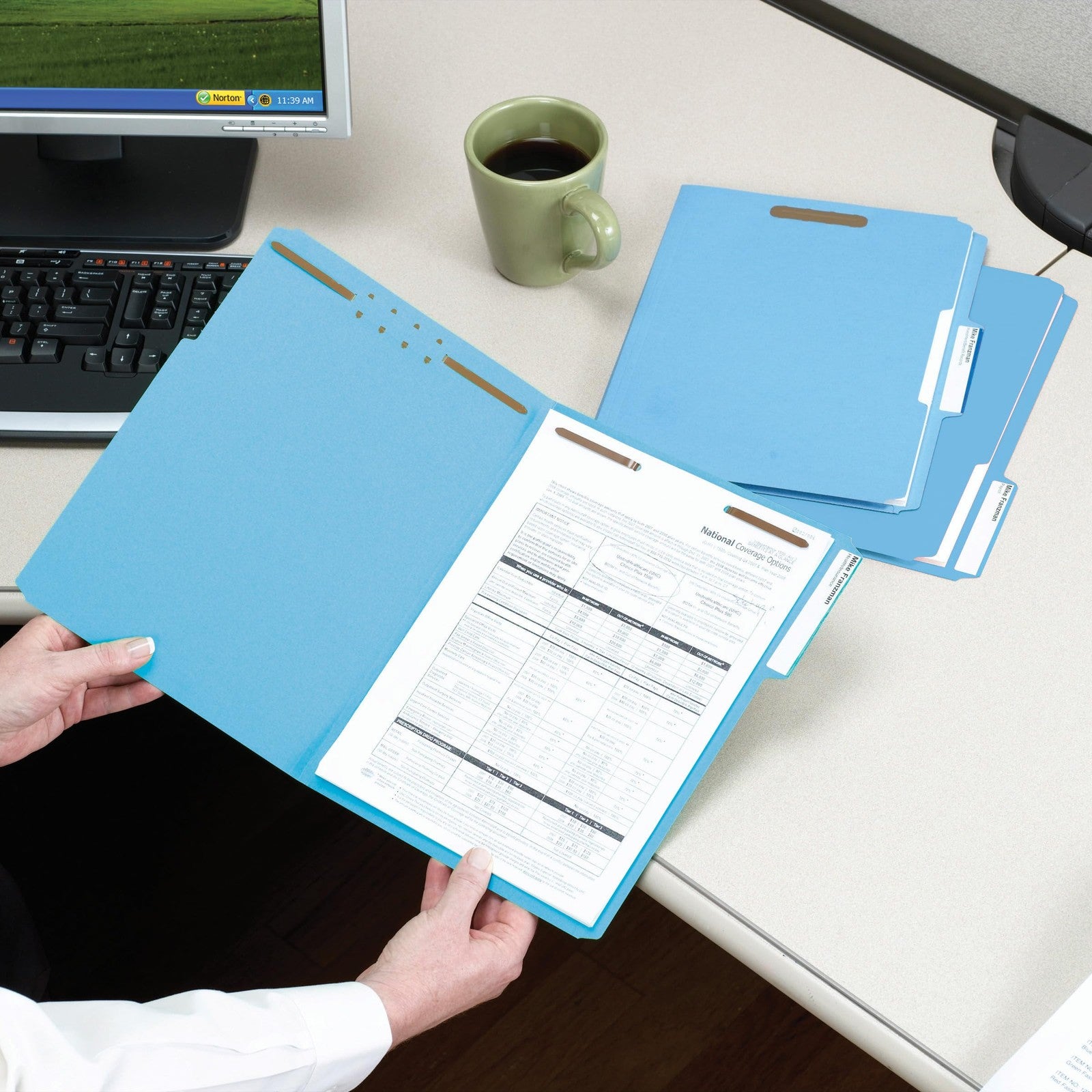 Blue Smead reinforced fastener file folders with 1/3-cut tabs and two fasteners, letter size, designed for organized document storage.