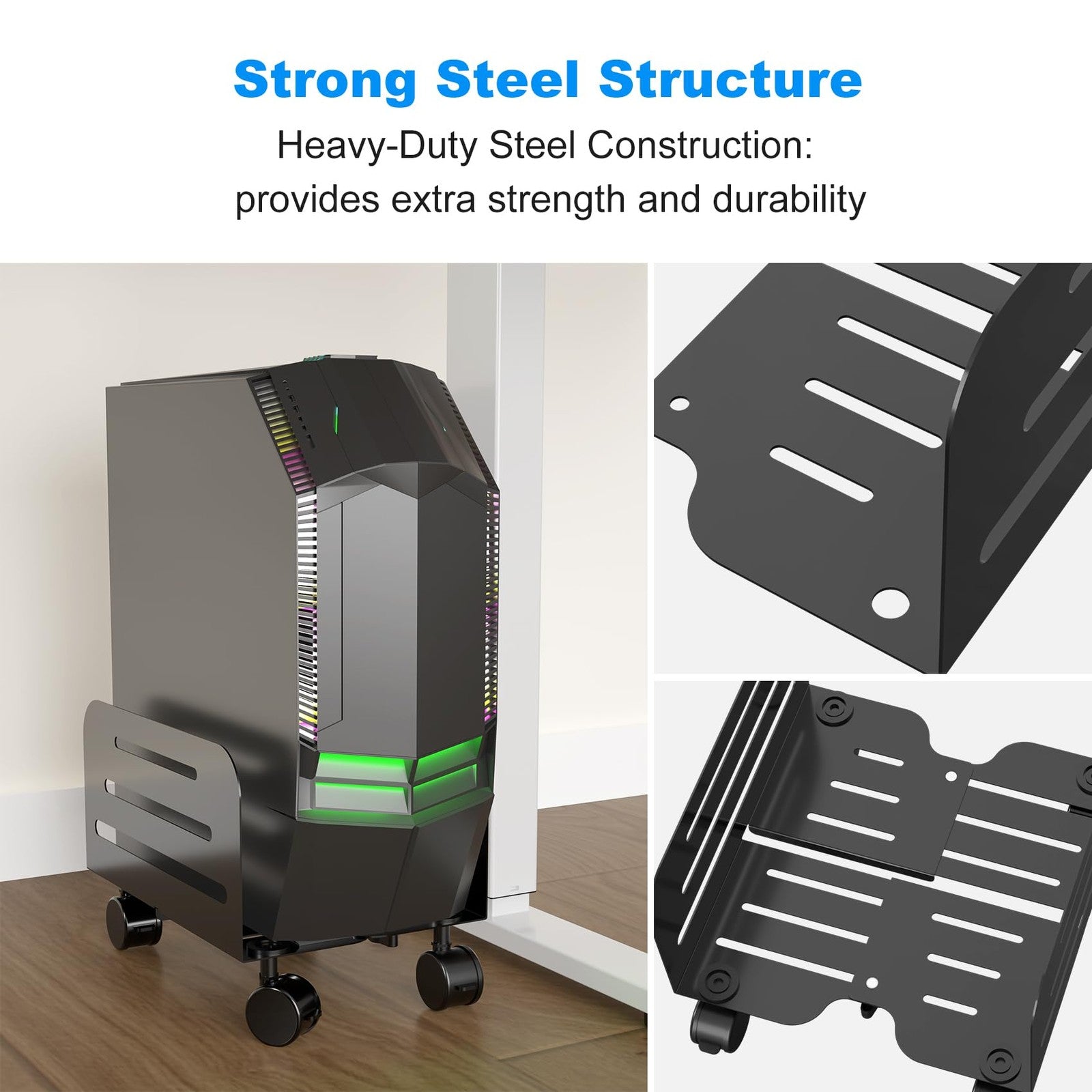 Suptek mobile CPU tower stand with adjustable height, rolling cart, and locking wheels for easy computer equipment mobility.