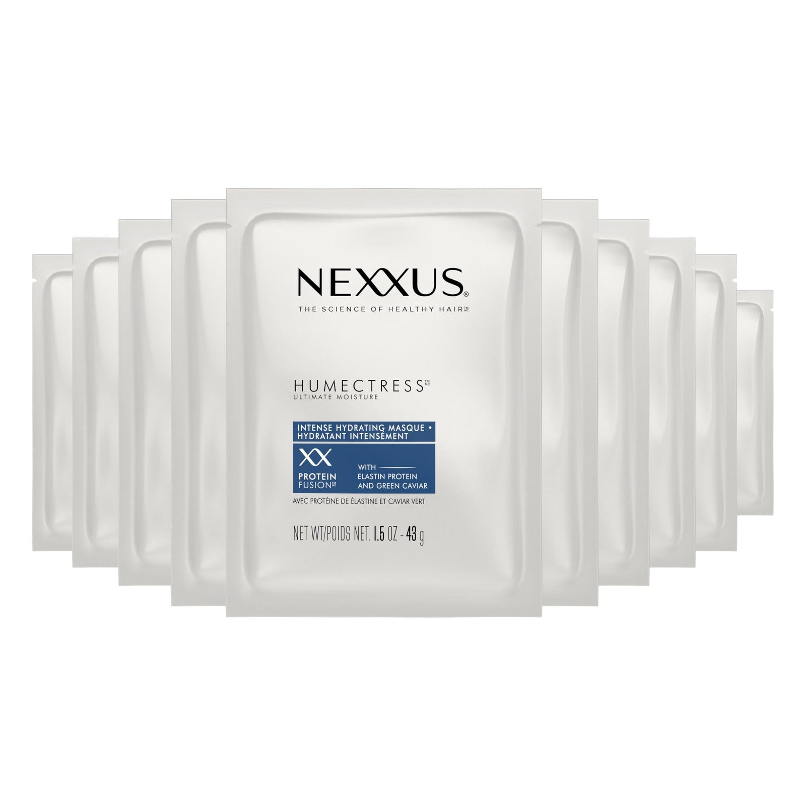 Nexxus Humectress Moisturizing Hair Masque in 10 individual 1.5oz containers for deep conditioning and hydration.