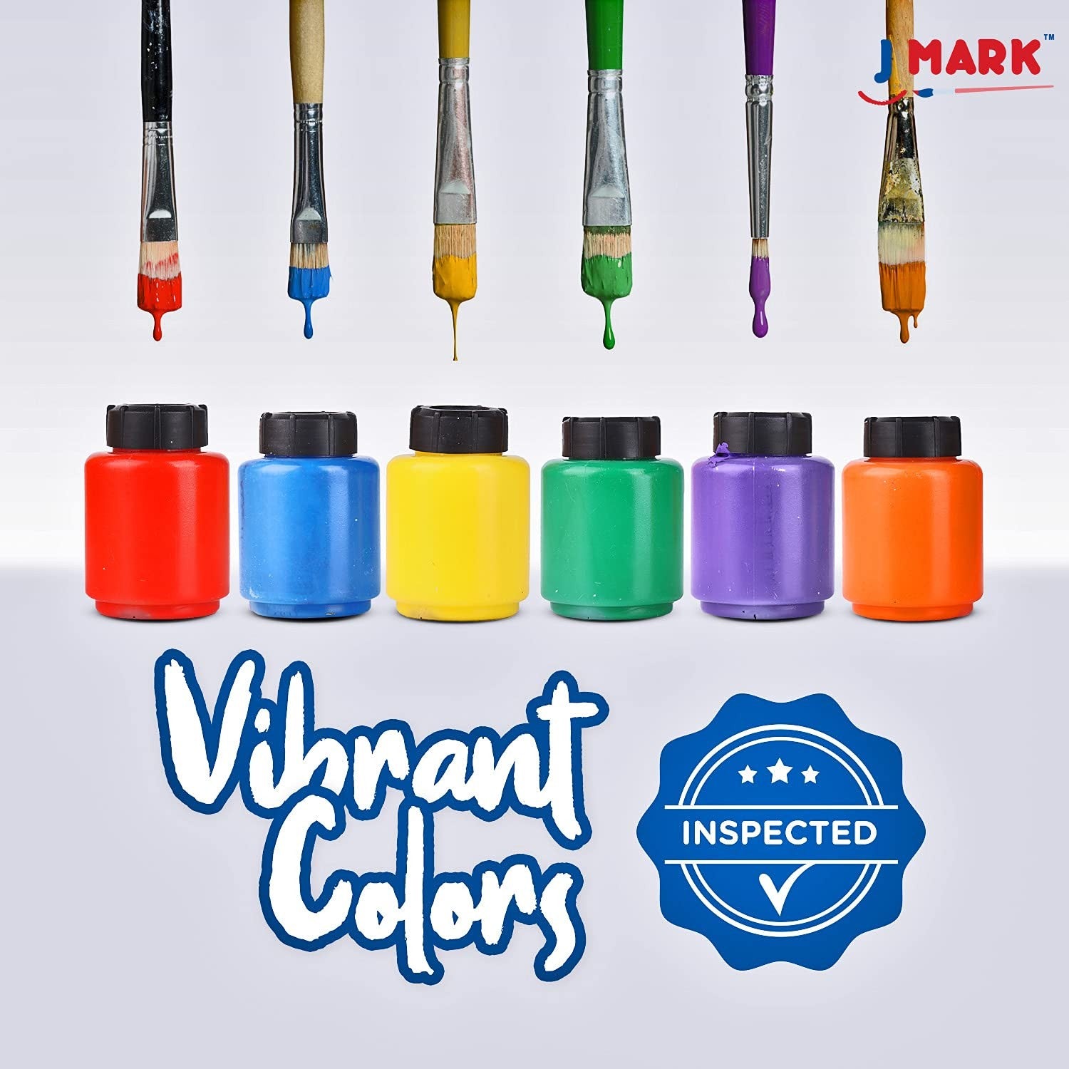J MARK toddler painting set with 32 spill-resistant paint cups, including colorful paints and brushes for young children.
