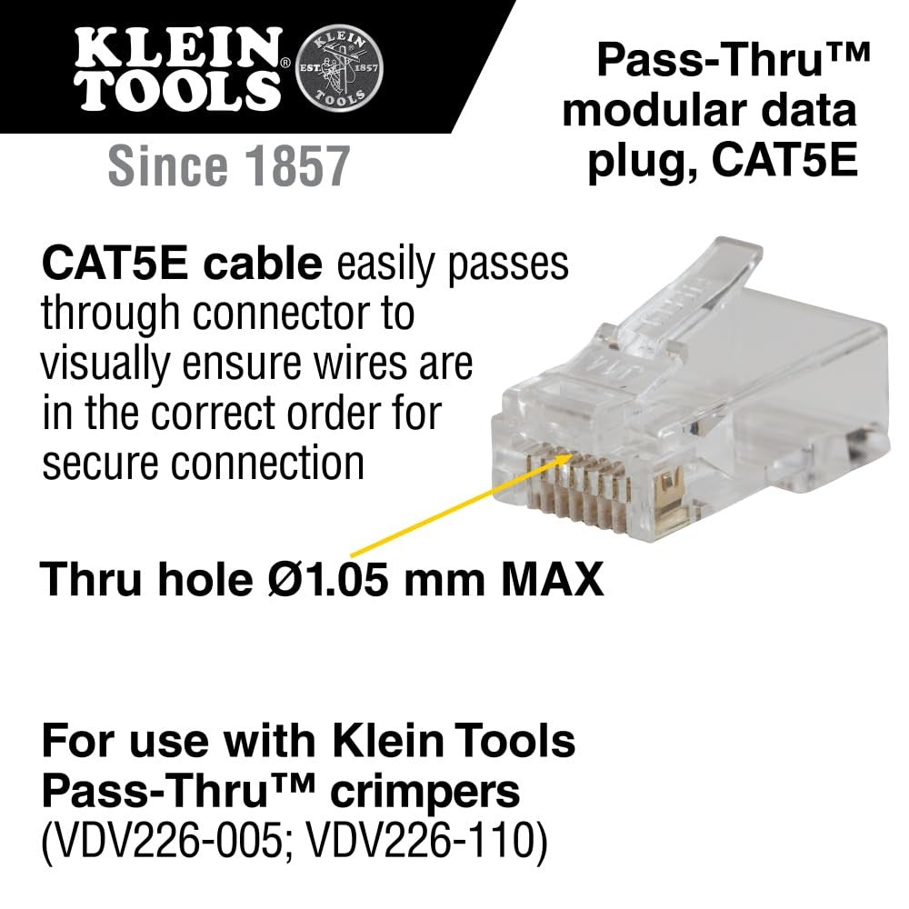Klein Tools VDV826-702 Pass-Thru Modular Data Plug with RJ45 CAT5E Gold Connectors on a white background