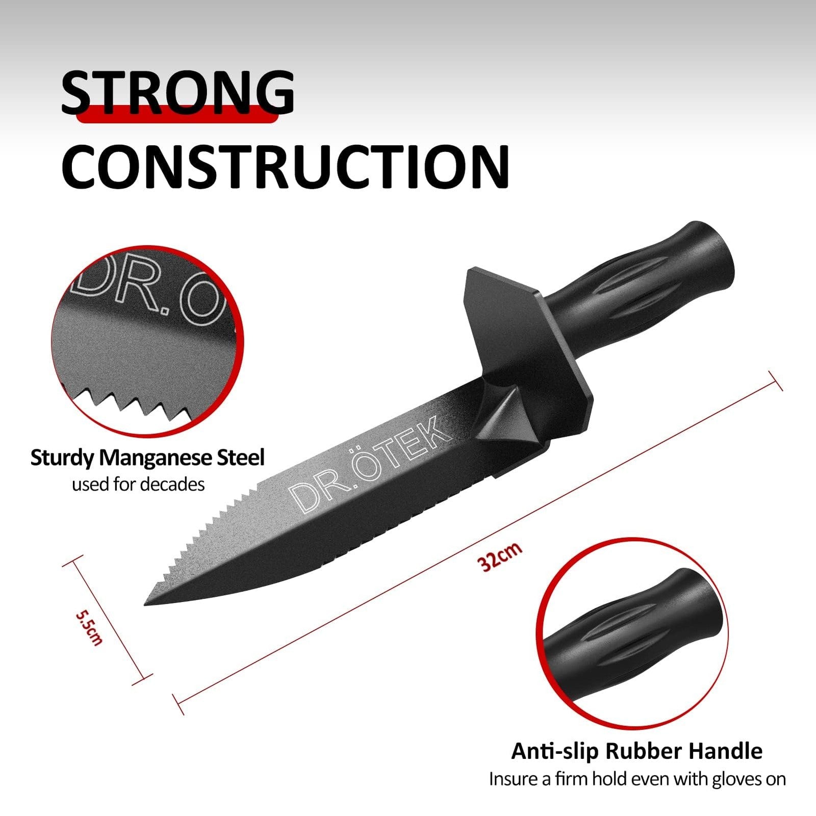 Heavy-duty DR.ÖTEK metal detector shovel with double serrated blade for digging and excavation, durable stainless steel construction.