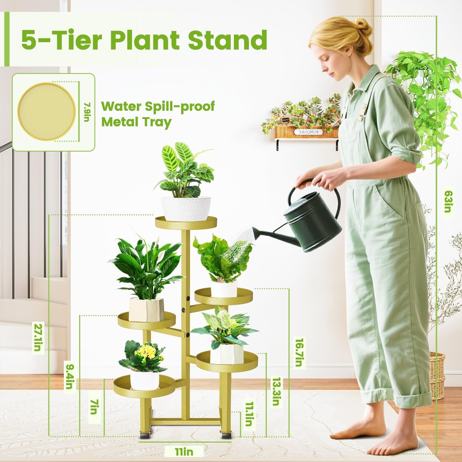 Jsynii 5-tier gold metal plant stand with tiered shelves, suitable for indoor and outdoor corner display of potted plants.