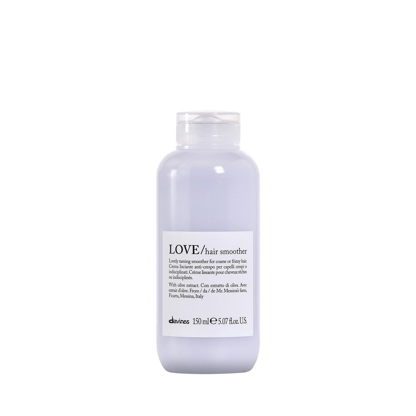 Davines LOVE Hair Smoother Leave-On Cream for frizz and unruly wavy hair, 5.07oz, showing the product tube and styling context