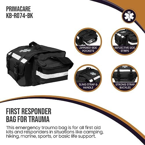 Primacare KB-RO74-BK first responder trauma bag in black with multiple compartments, measuring 17x9x7 inches, for EMT and EMS use.