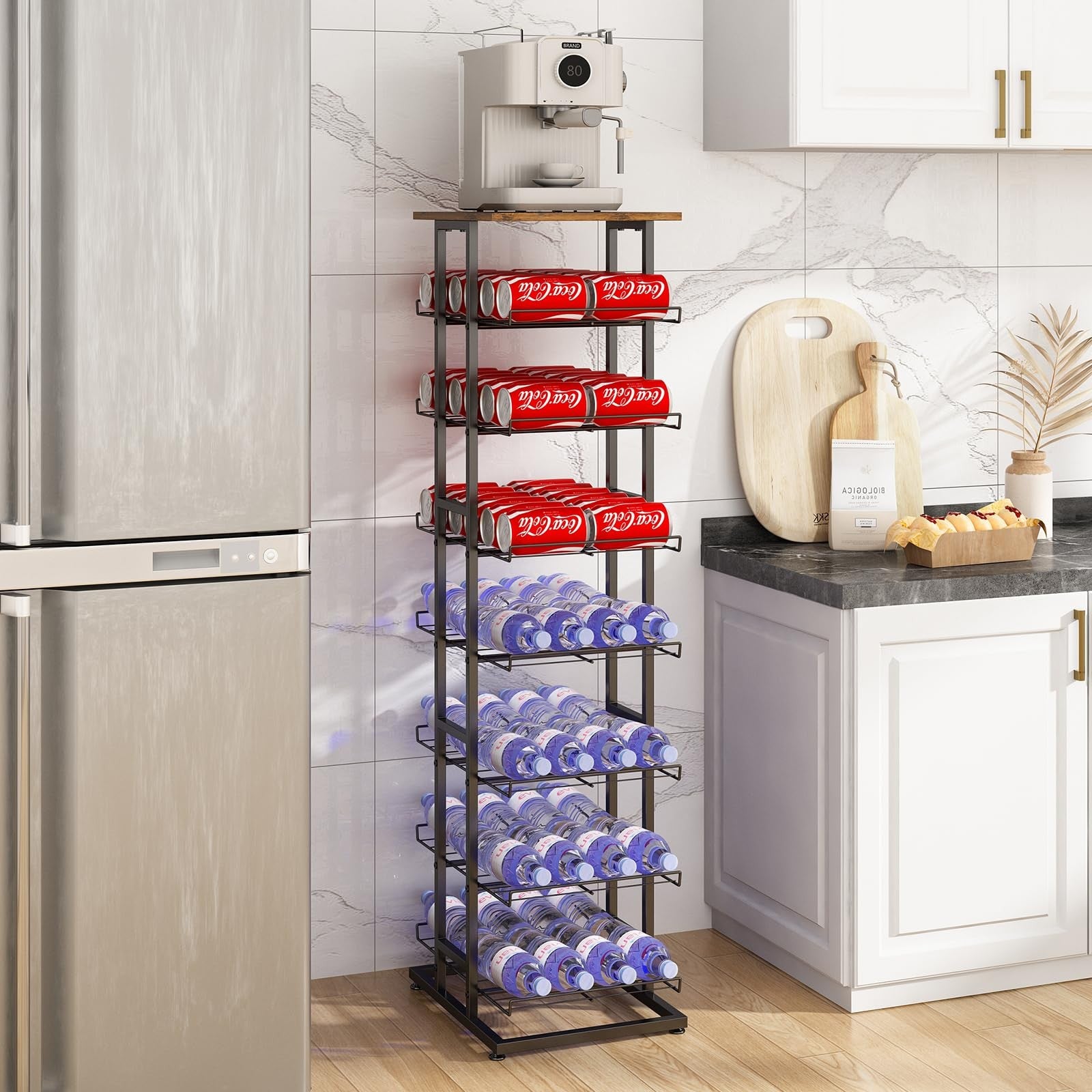 GILLAS multi-tier water bottle storage with wooden tabletop and metal beverage container holder, ideal for organizing bottles.
