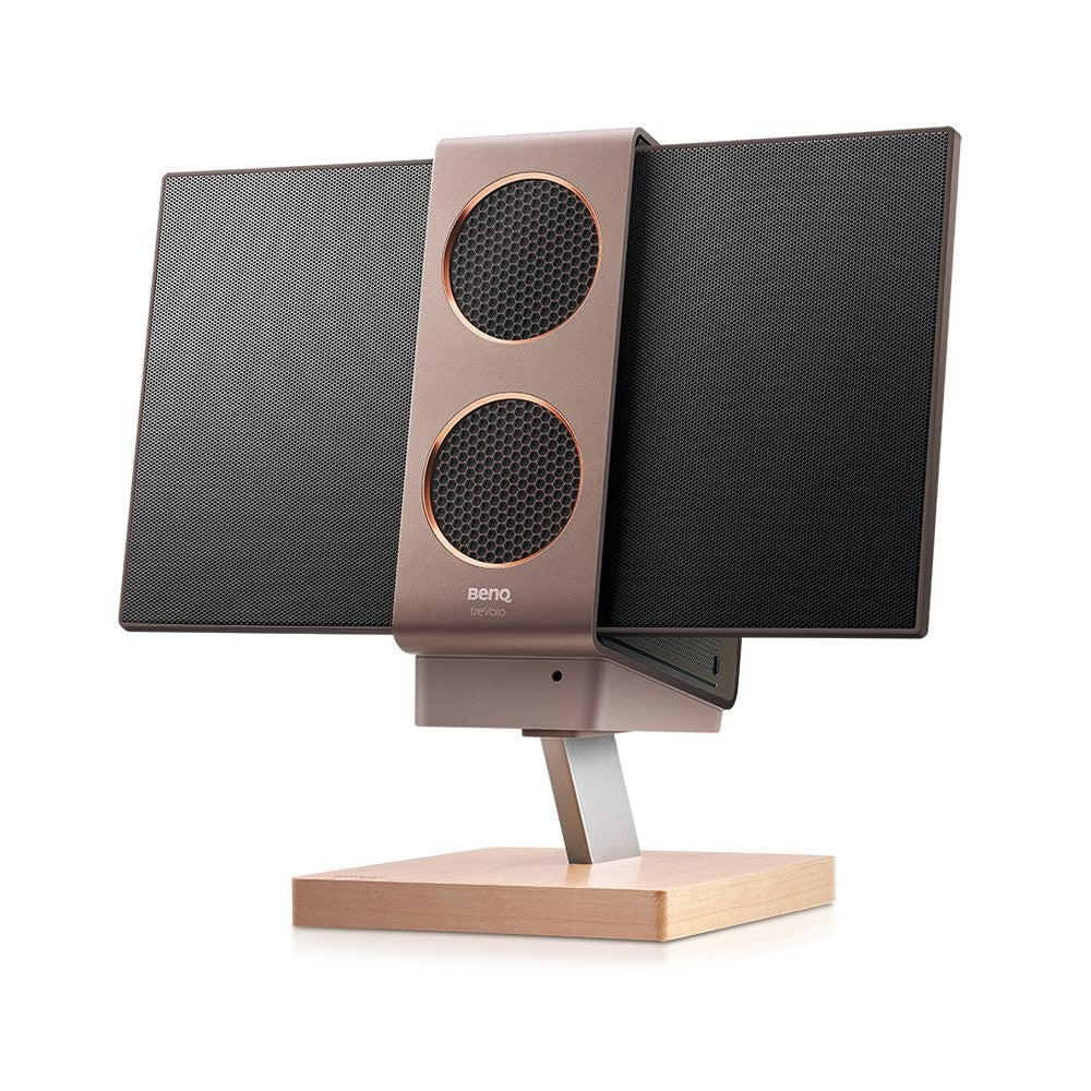 BenQ treVolo stand for treVolo portable Bluetooth speaker, cherry wood finish, showing the sleek wooden design and speaker placement.