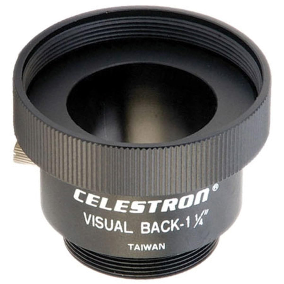 Celestron 93653-A 1.25-inch metal visual back adapter with threading for Celestron 5 telescope accessories, shown attached.